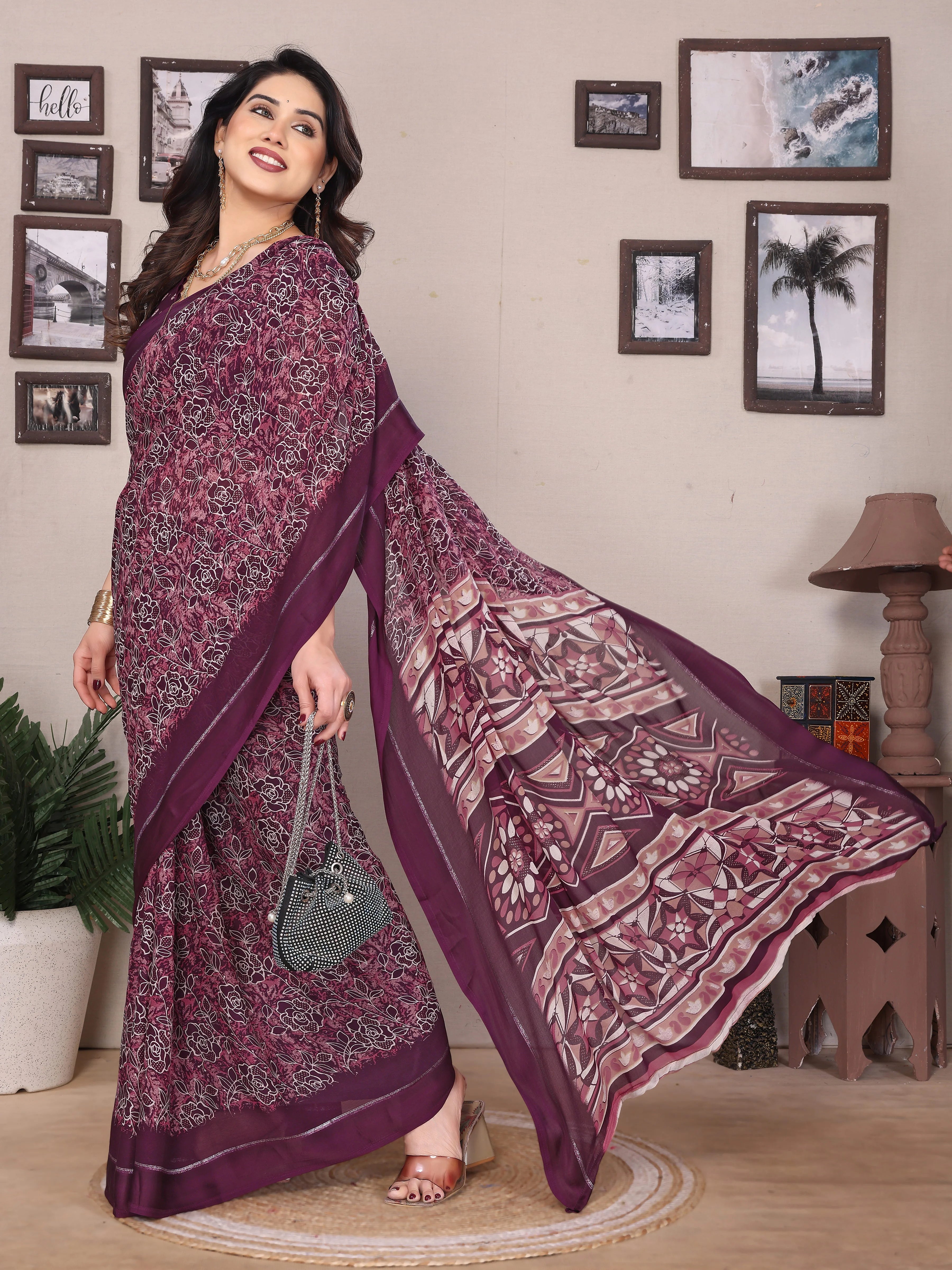SHYAMIKA Bright Moss Satin Patta Printed Saree with Zari Work & Blouse