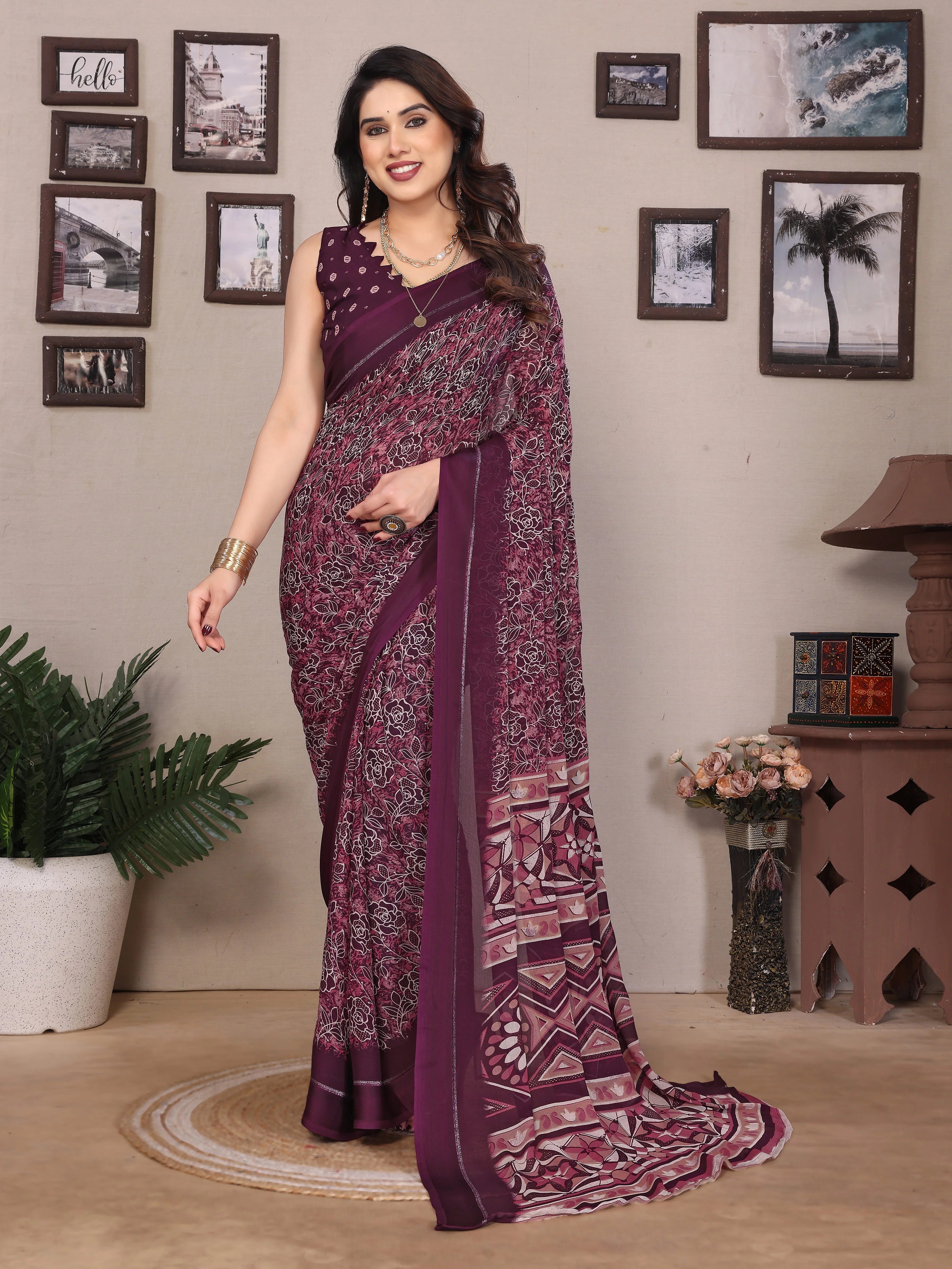 SHYAMIKA Bright Moss Satin Patta Printed Saree with Zari Work & Blouse