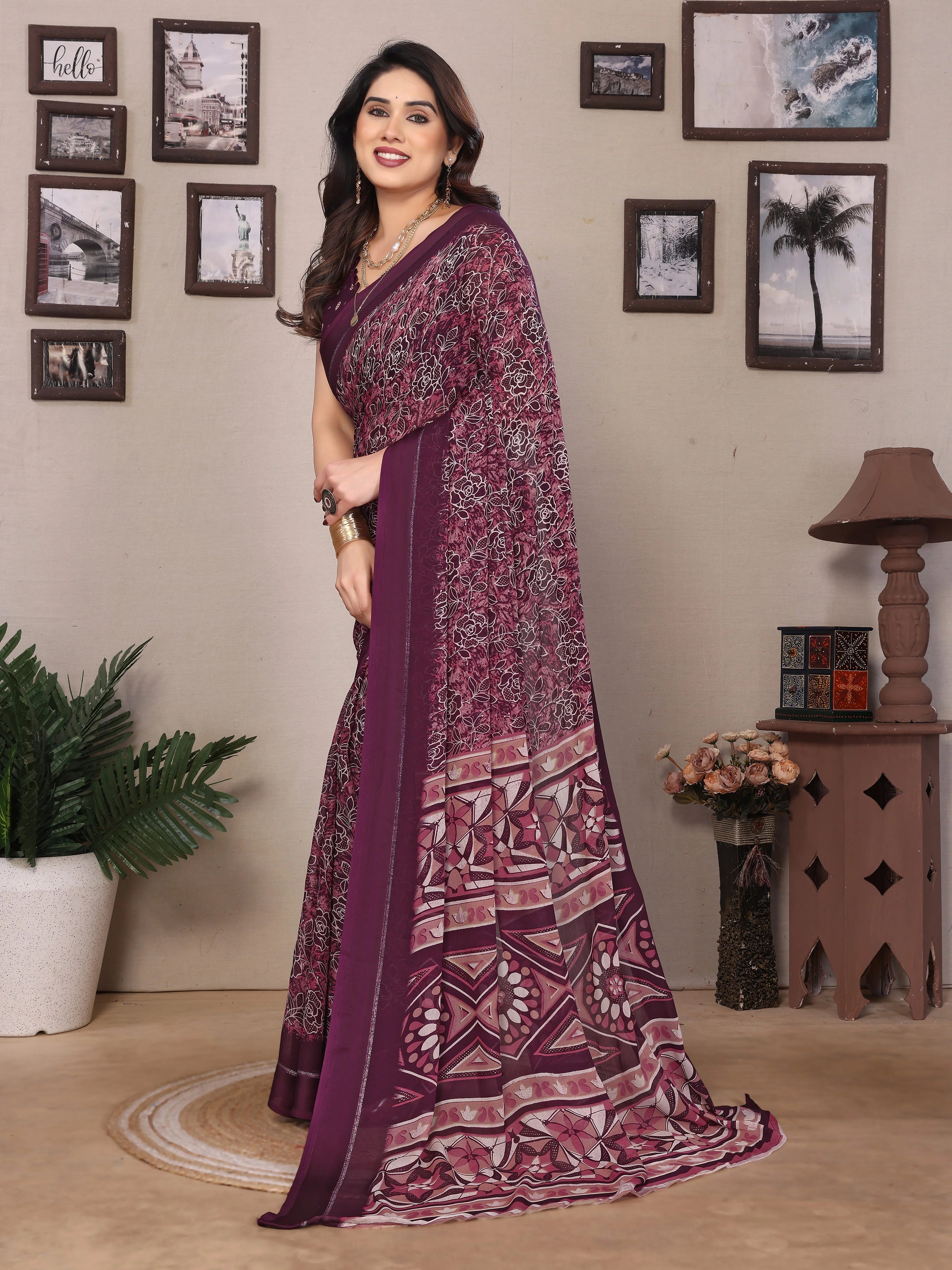 SHYAMIKA Bright Moss Satin Patta Printed Saree with Zari Work & Blouse