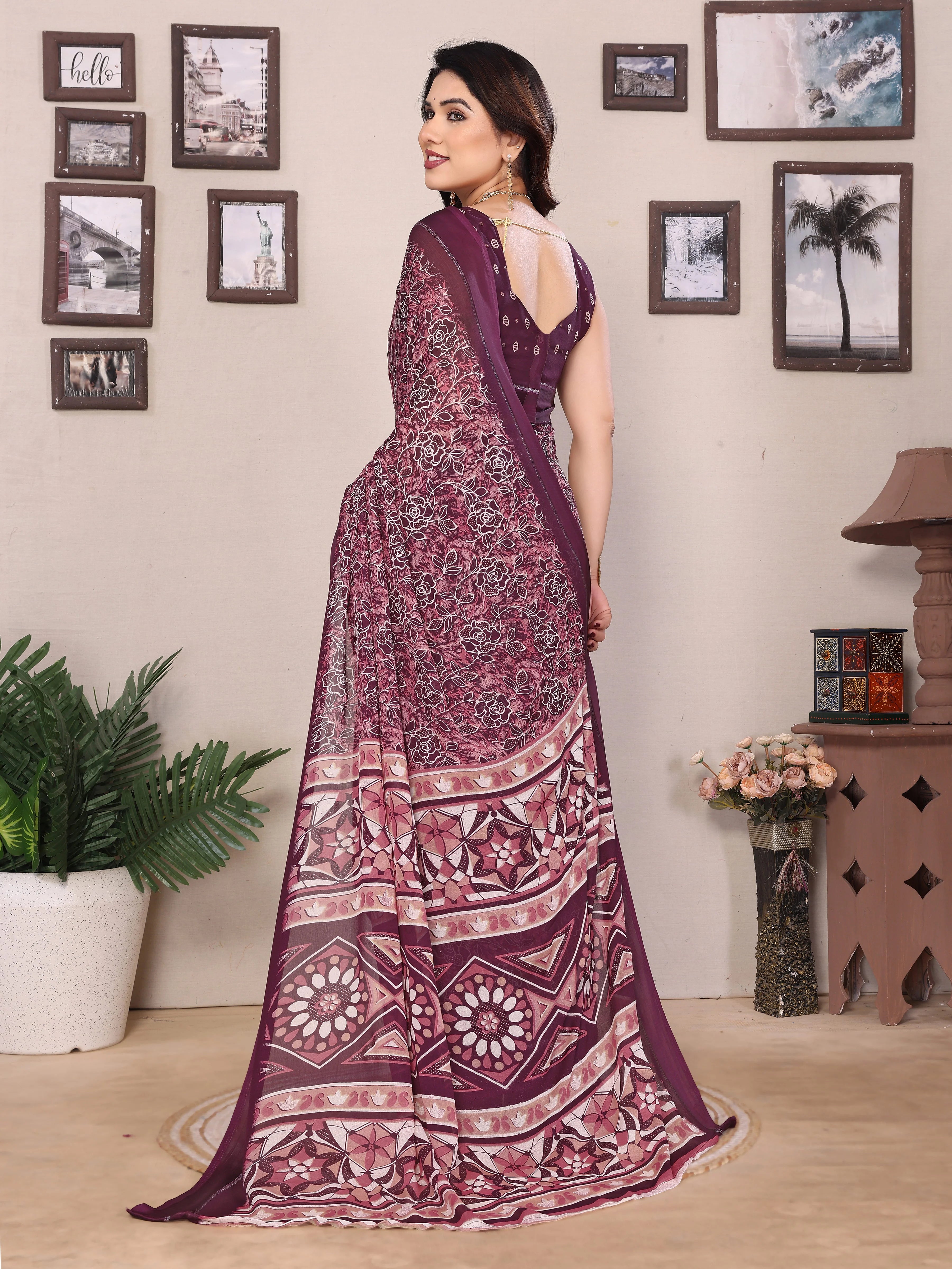 SHYAMIKA Bright Moss Satin Patta Printed Saree with Zari Work & Blouse