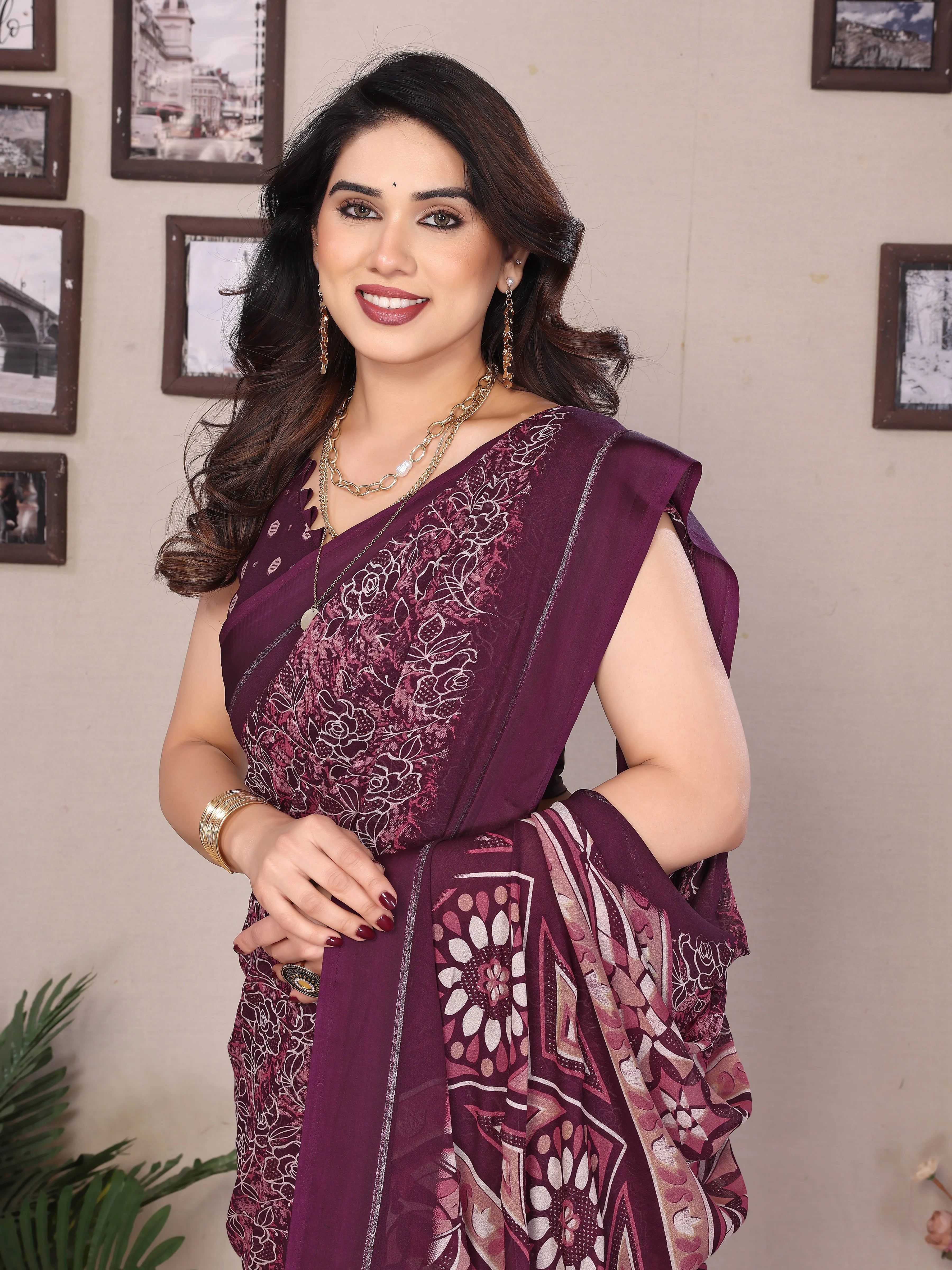 SHYAMIKA Bright Moss Satin Patta Printed Saree with Zari Work & Blouse