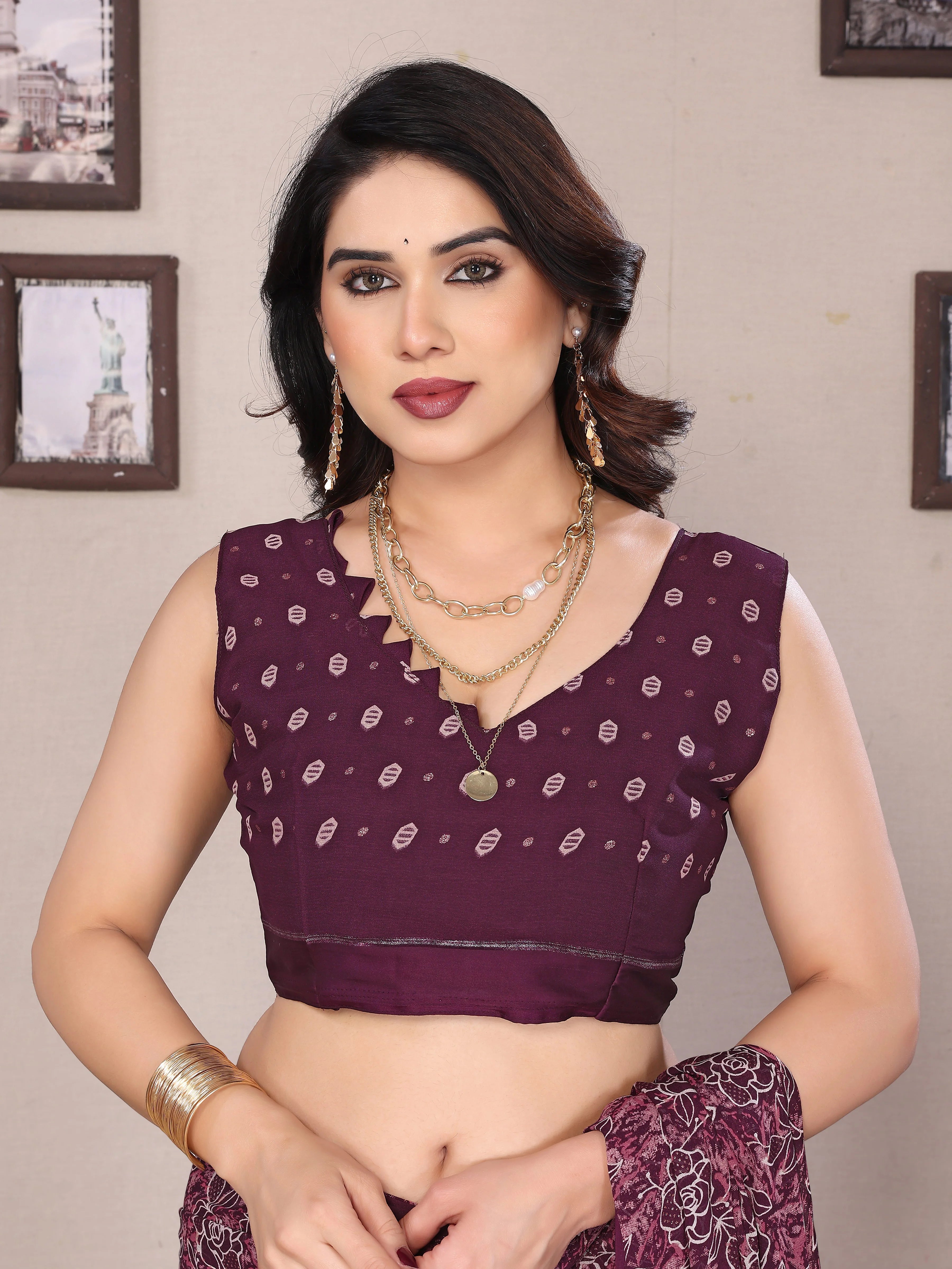 SHYAMIKA Bright Moss Satin Patta Printed Saree with Zari Work & Blouse