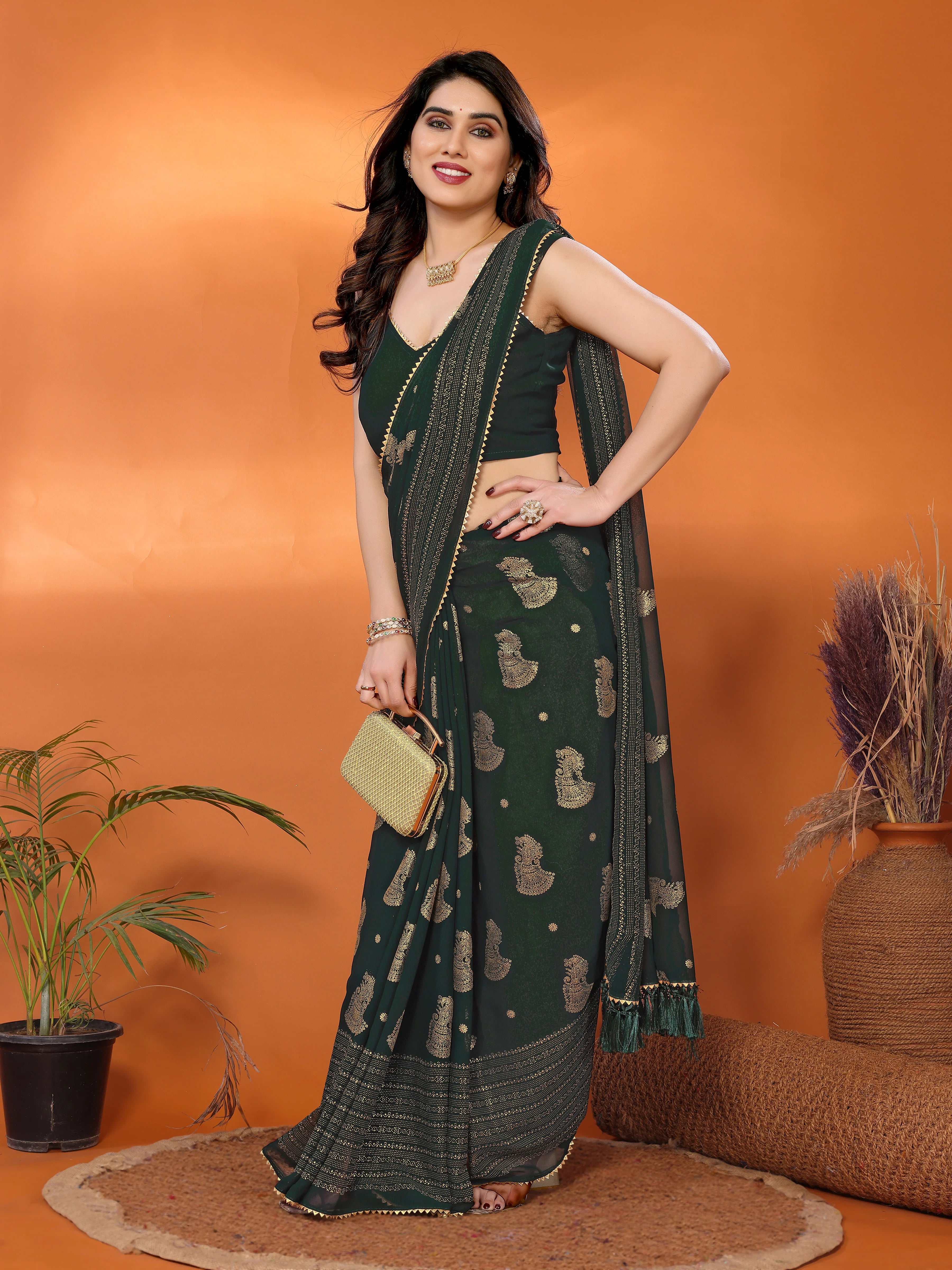 SHYAMIKA Georgette Foil Embellished Saree with Lace Detailing & Blouse