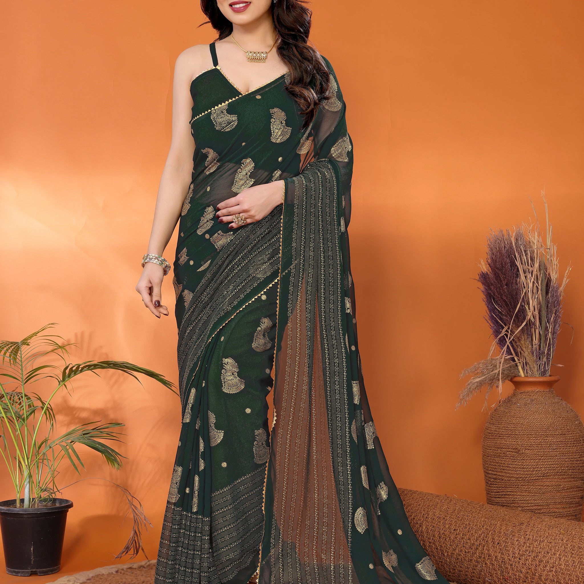 SHYAMIKA Georgette Foil Embellished Saree with Lace Detailing & Blouse