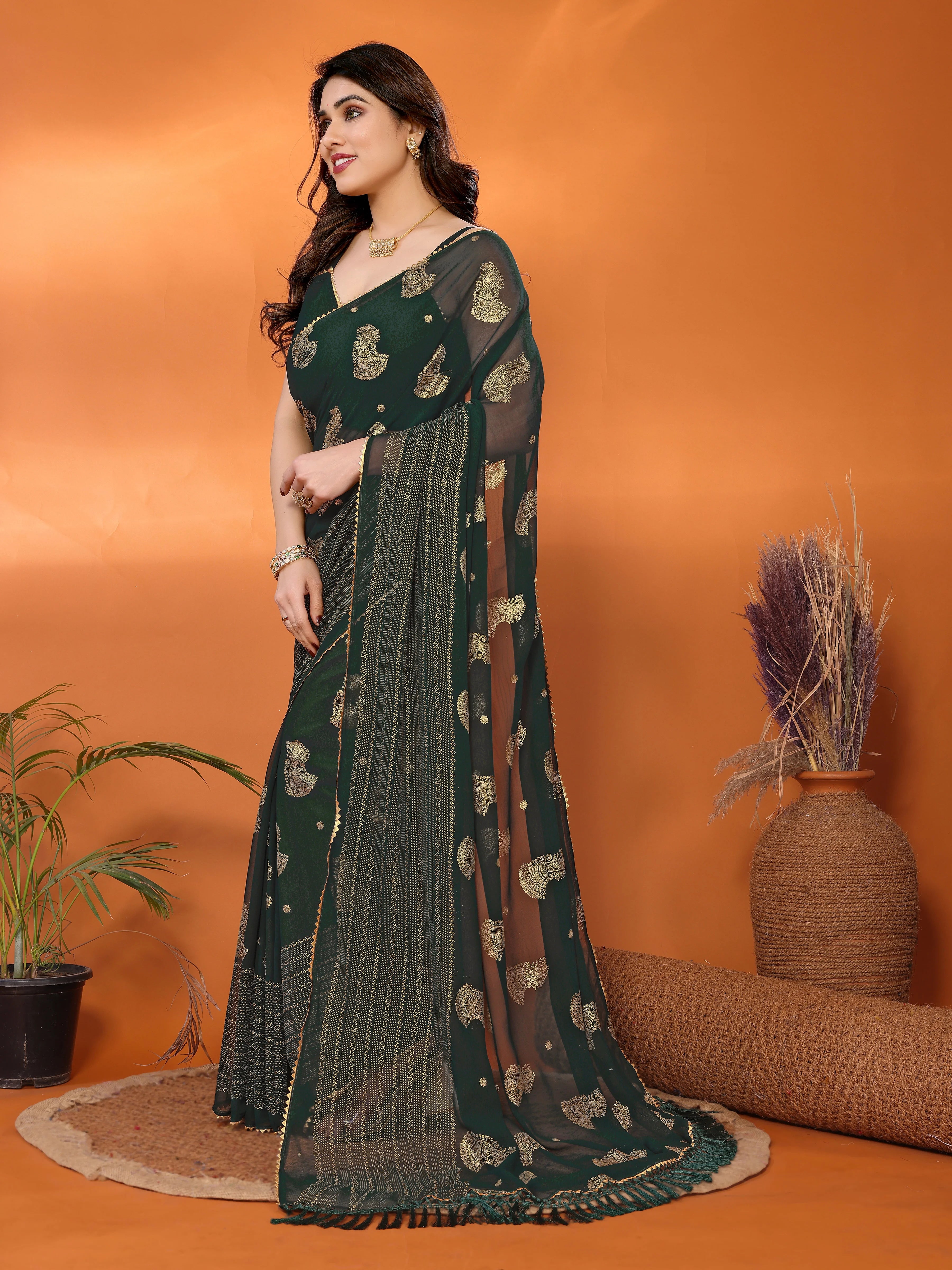 SHYAMIKA Georgette Foil Embellished Saree with Lace Detailing & Blouse