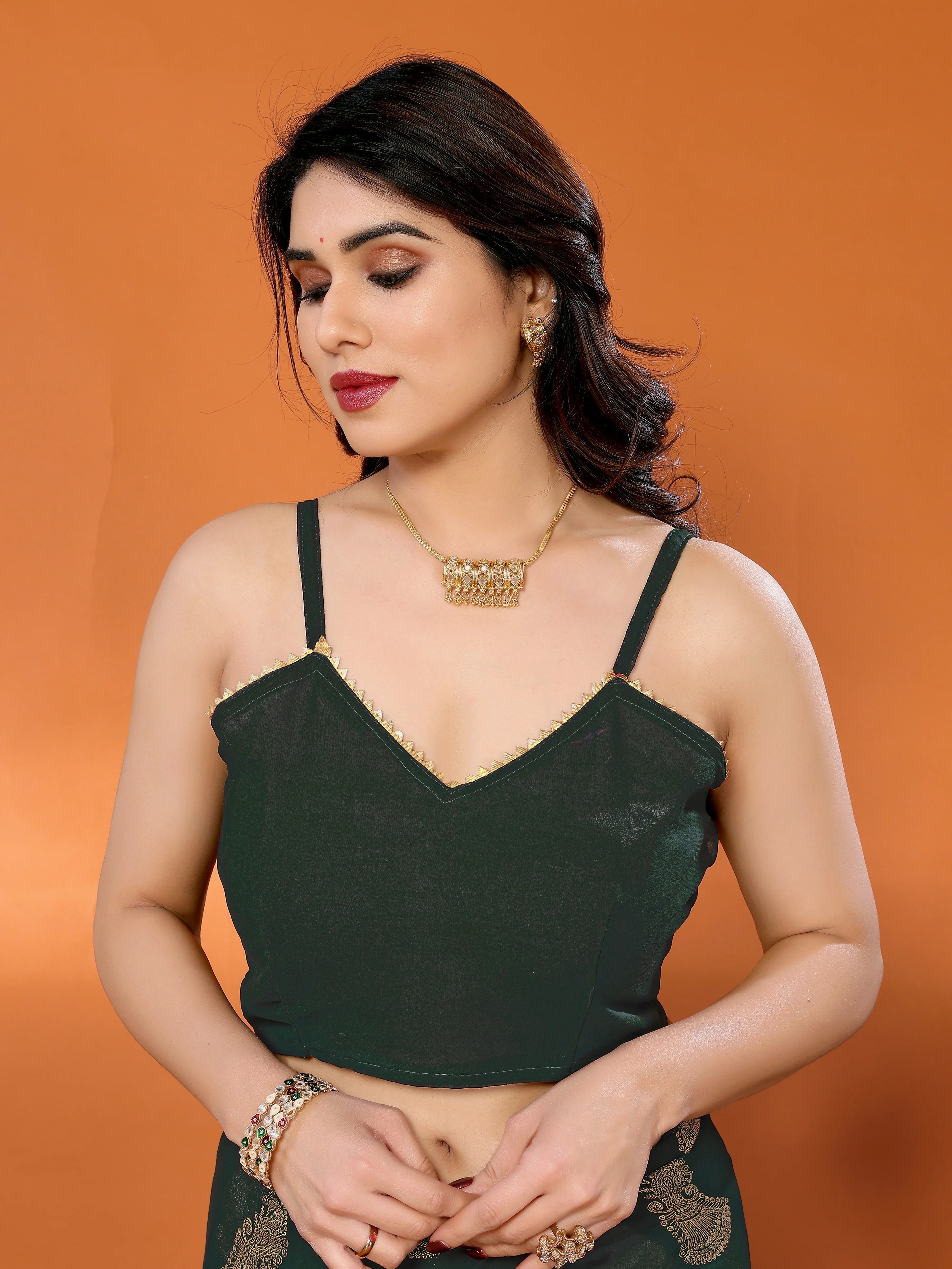 SHYAMIKA Georgette Foil Embellished Saree with Lace Detailing & Blouse