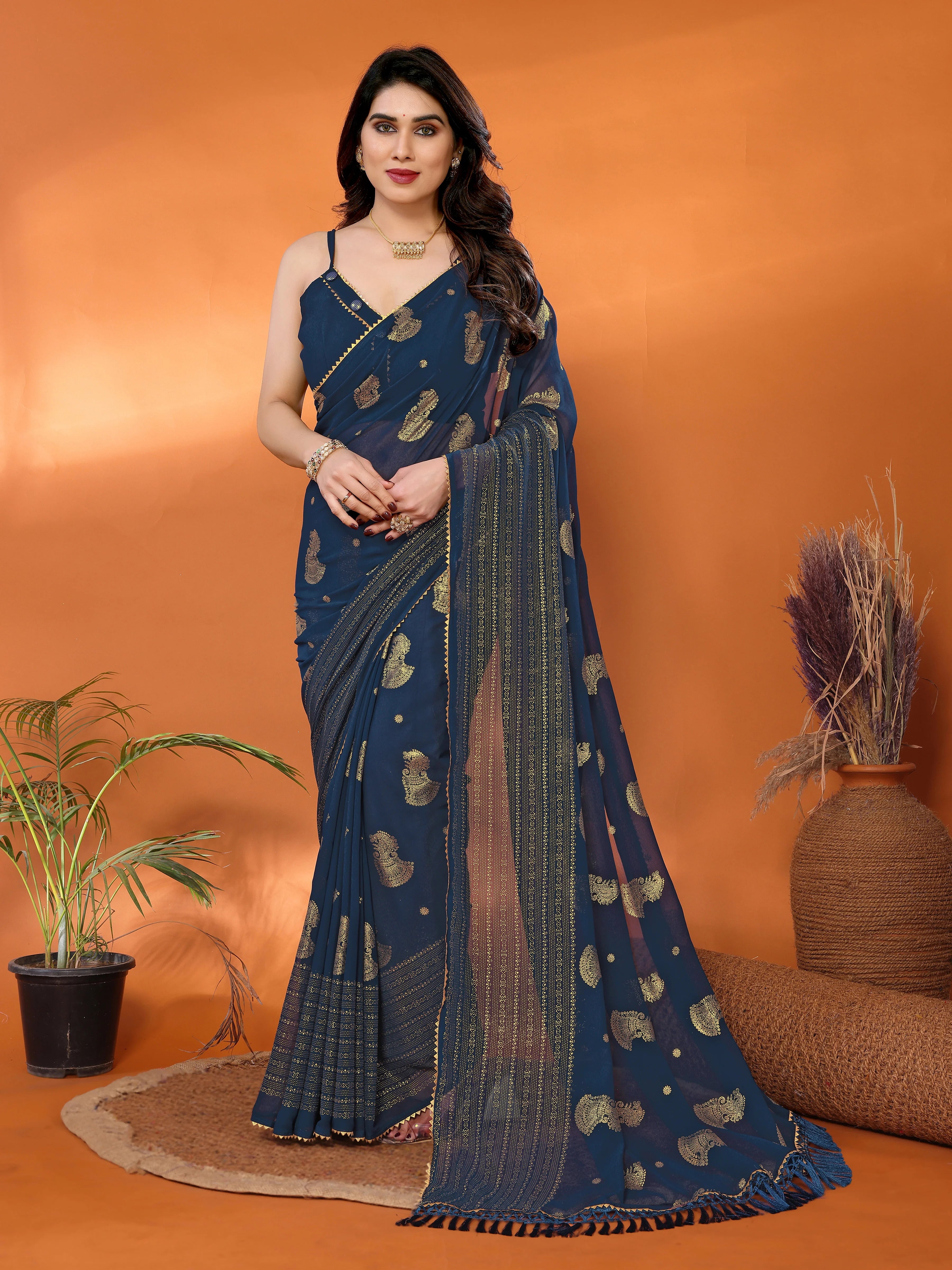 SHYAMIKA Georgette Foil Embellished Saree with Lace Detailing & Blouse