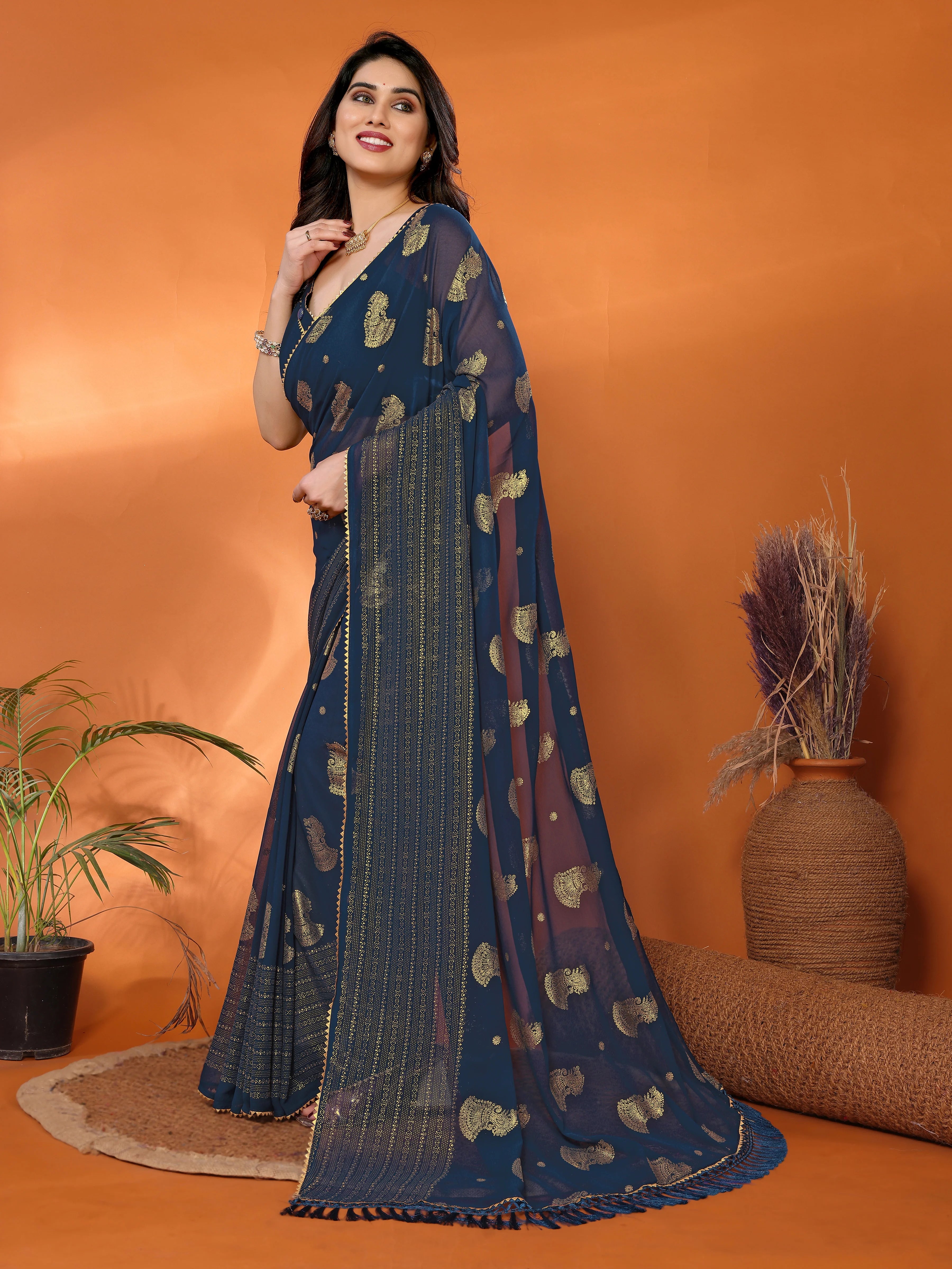 SHYAMIKA Georgette Foil Embellished Saree with Lace Detailing & Blouse