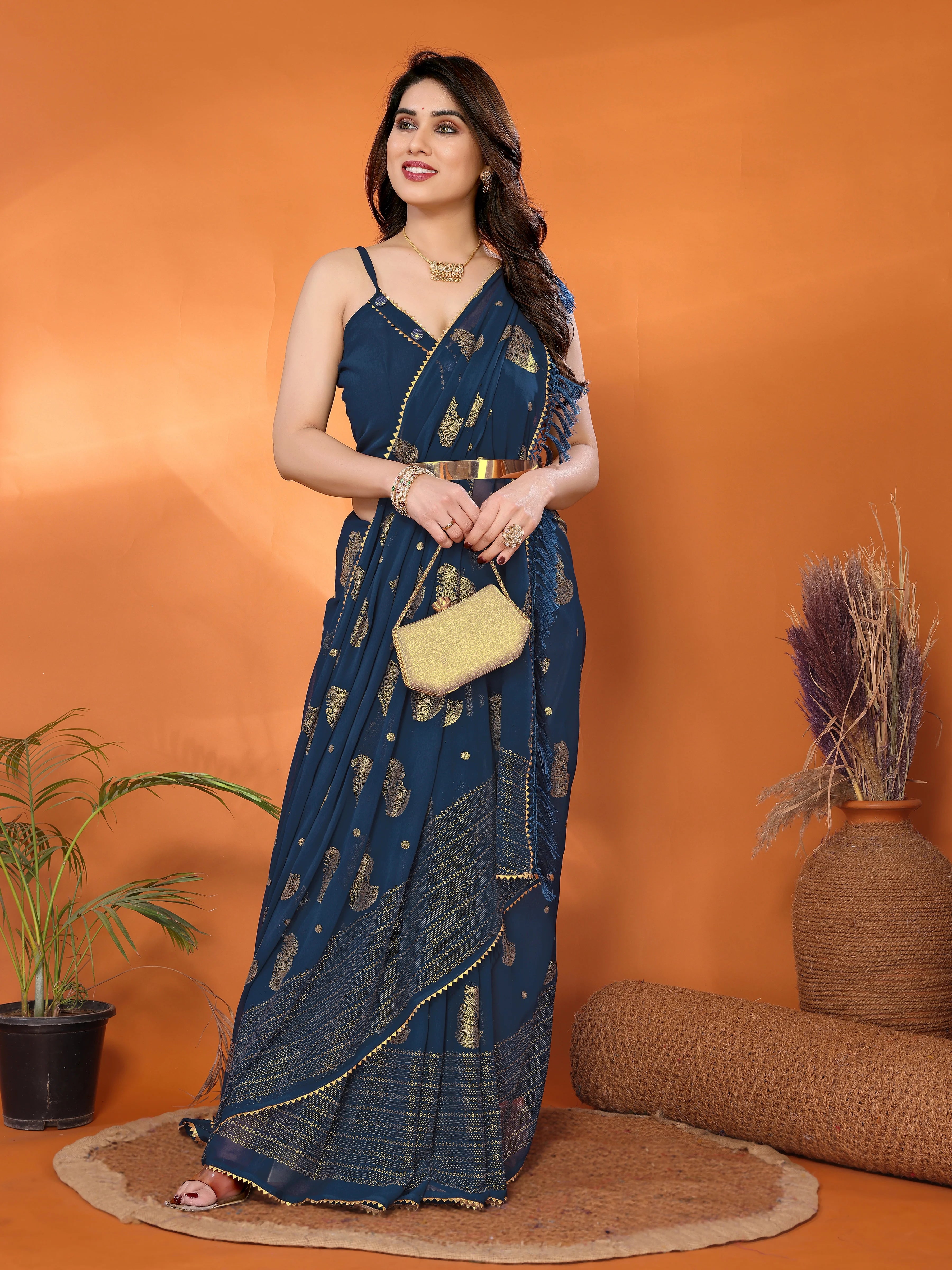 SHYAMIKA Georgette Foil Embellished Saree with Lace Detailing & Blouse