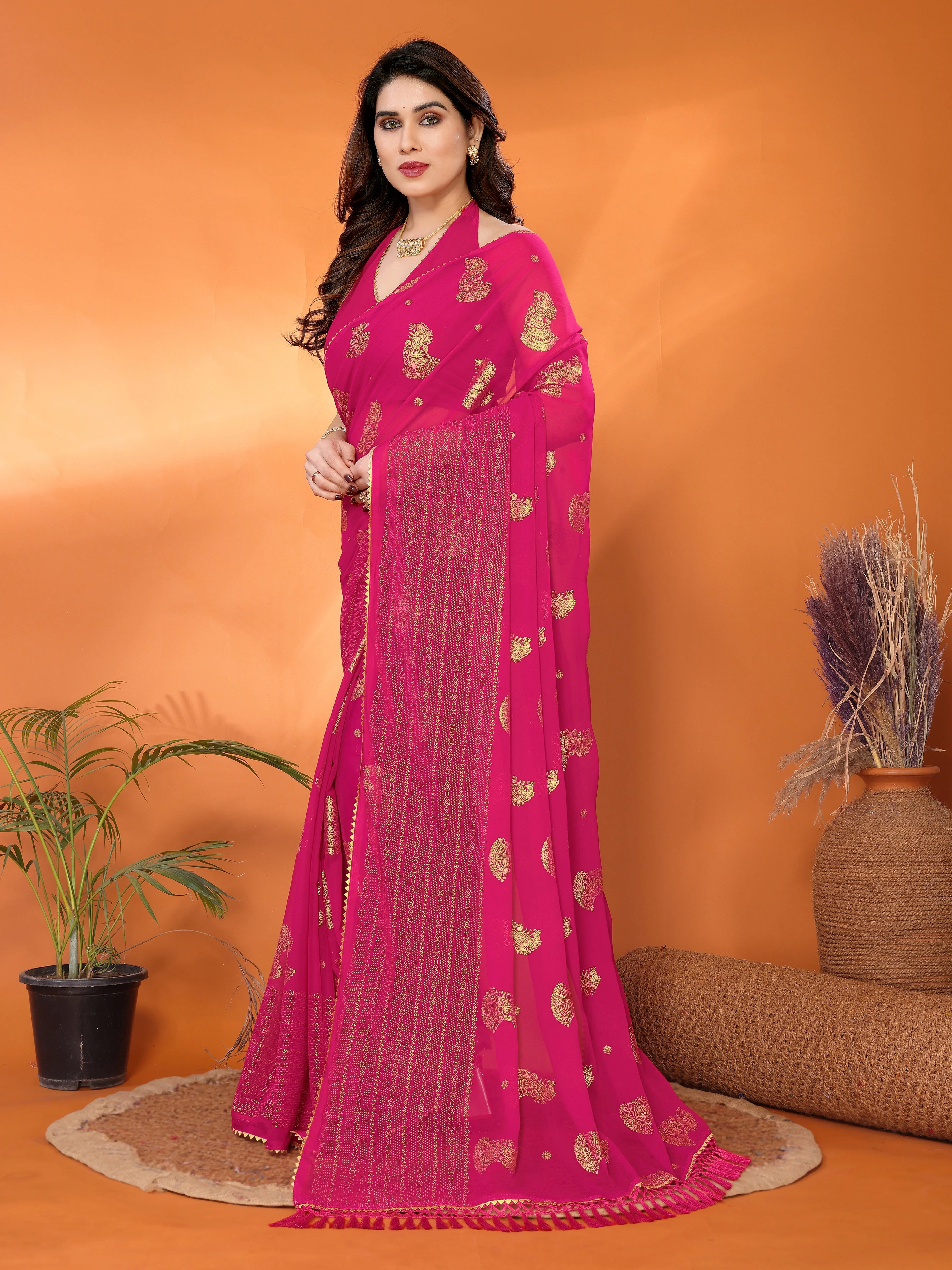 SHYAMIKA Georgette Foil Embellished Saree with Lace Detailing & Blouse