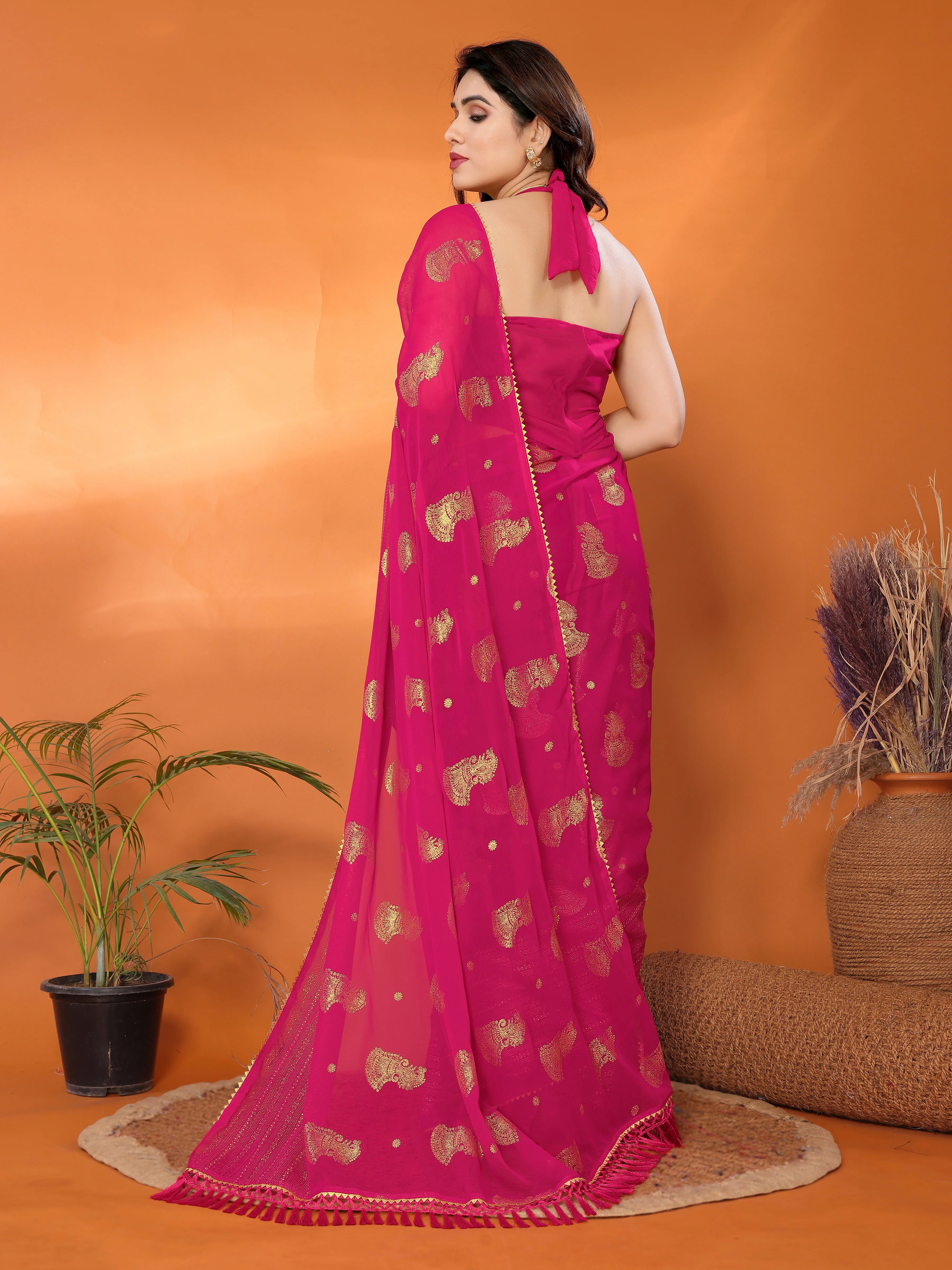 SHYAMIKA Georgette Foil Embellished Saree with Lace Detailing & Blouse