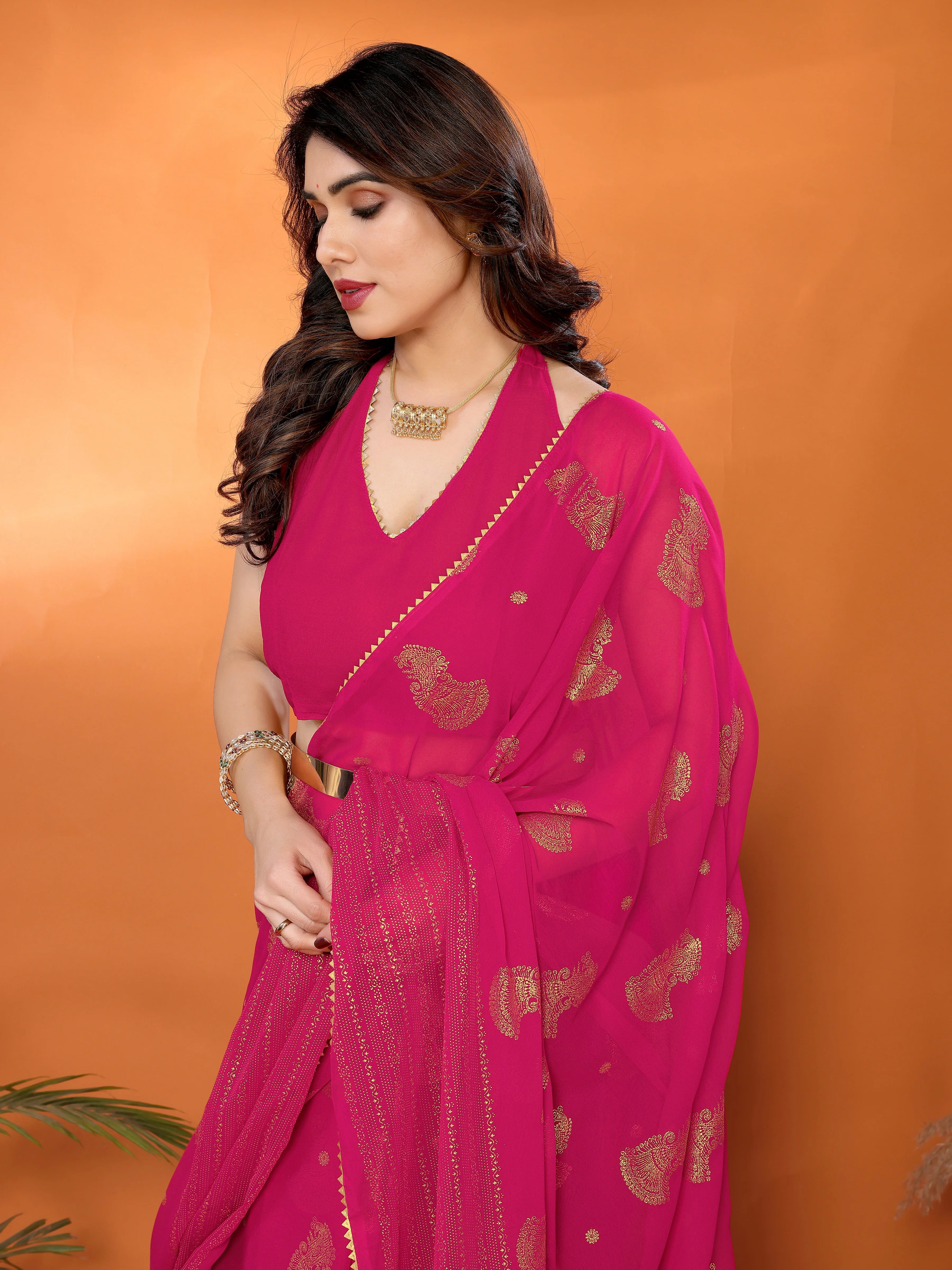 SHYAMIKA Georgette Foil Embellished Saree with Lace Detailing & Blouse
