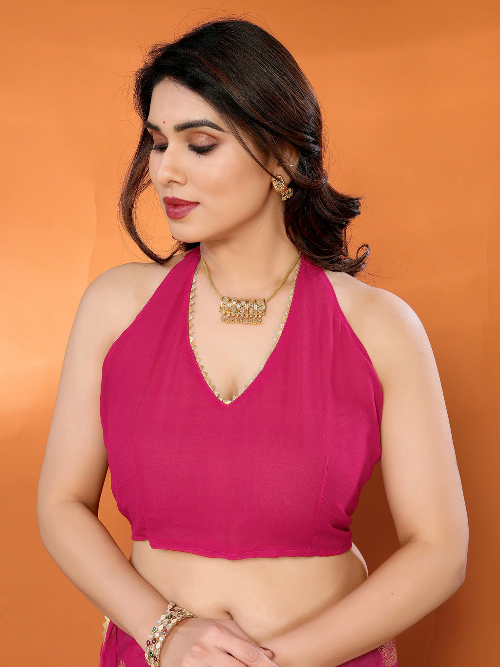 SHYAMIKA Georgette Foil Embellished Saree with Lace Detailing & Blouse