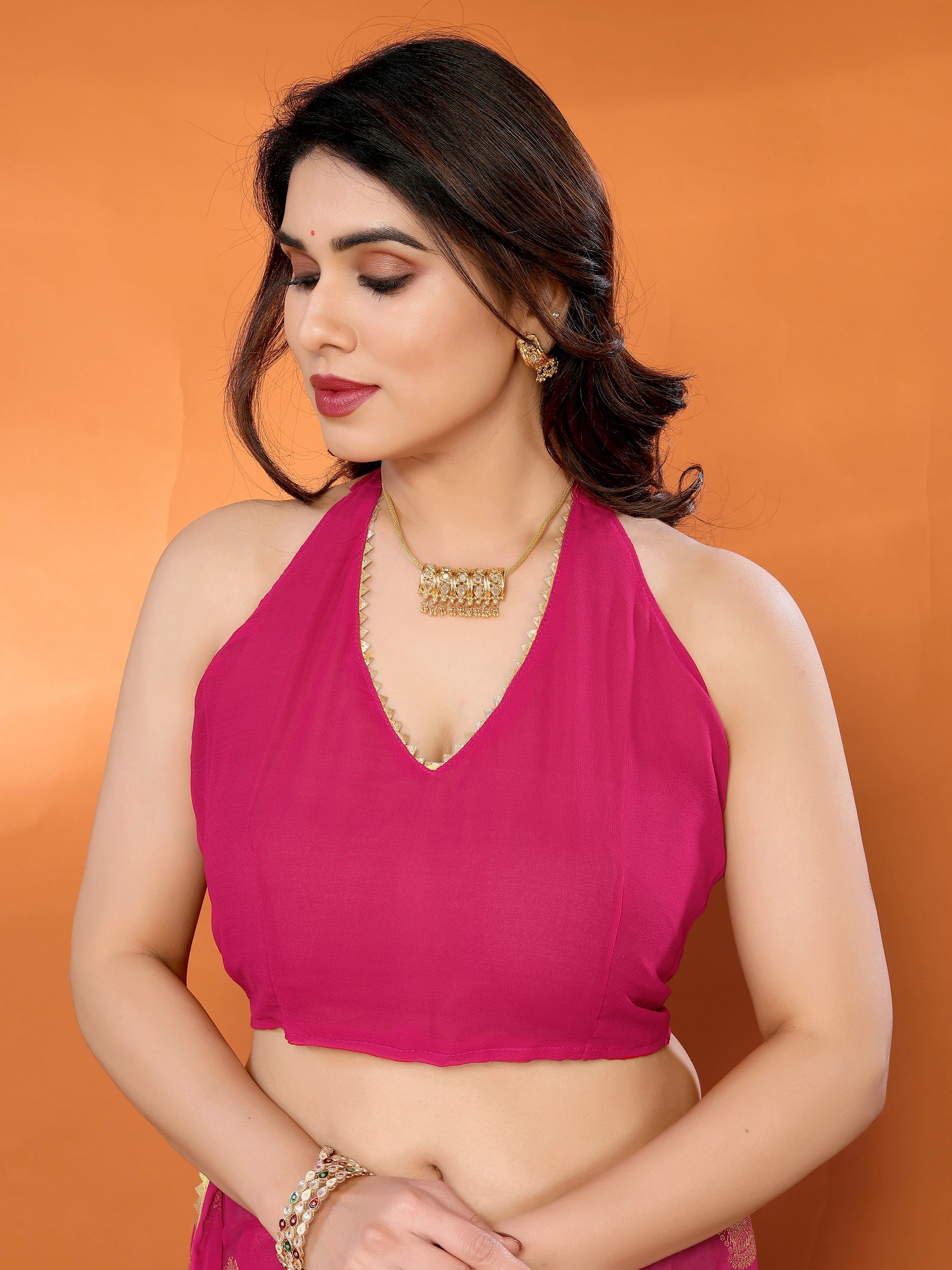 SHYAMIKA Georgette Foil Embellished Saree with Lace Detailing & Blouse