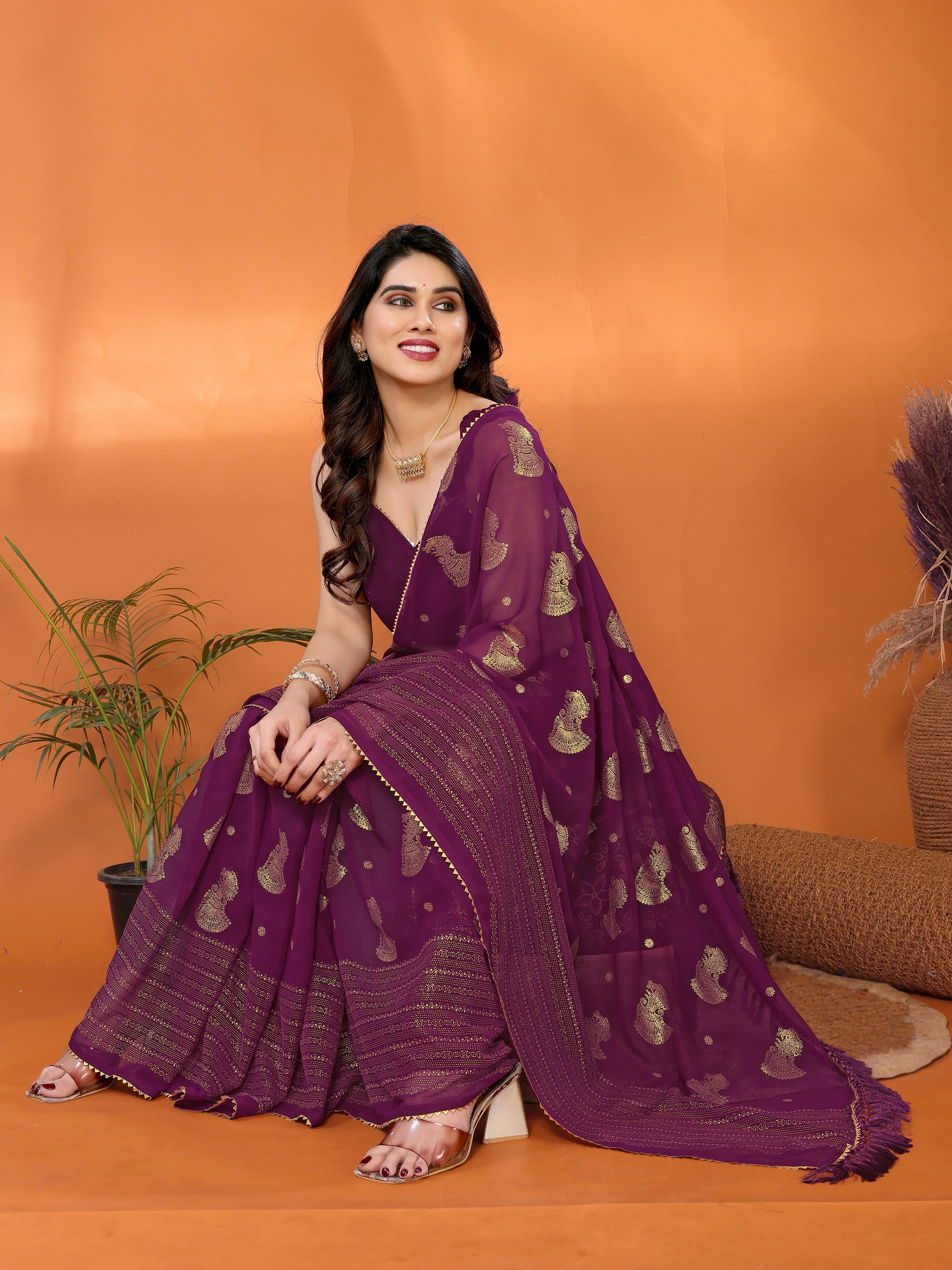 SHYAMIKA Georgette Foil Embellished Saree with Lace Detailing & Blouse
