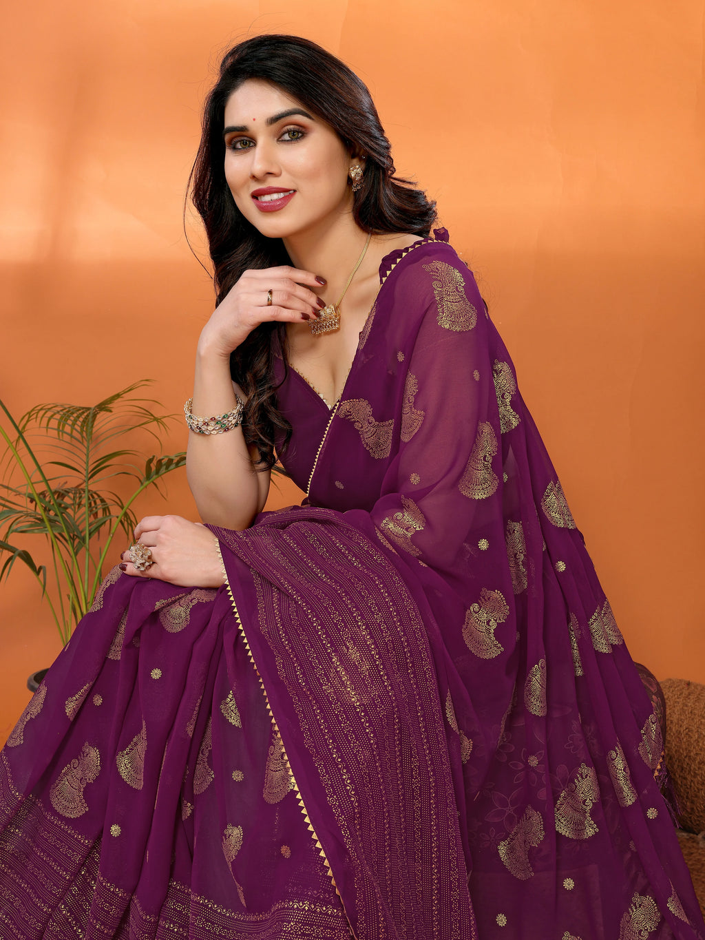 SHYAMIKA Georgette Foil Embellished Saree with Lace Detailing & Blouse