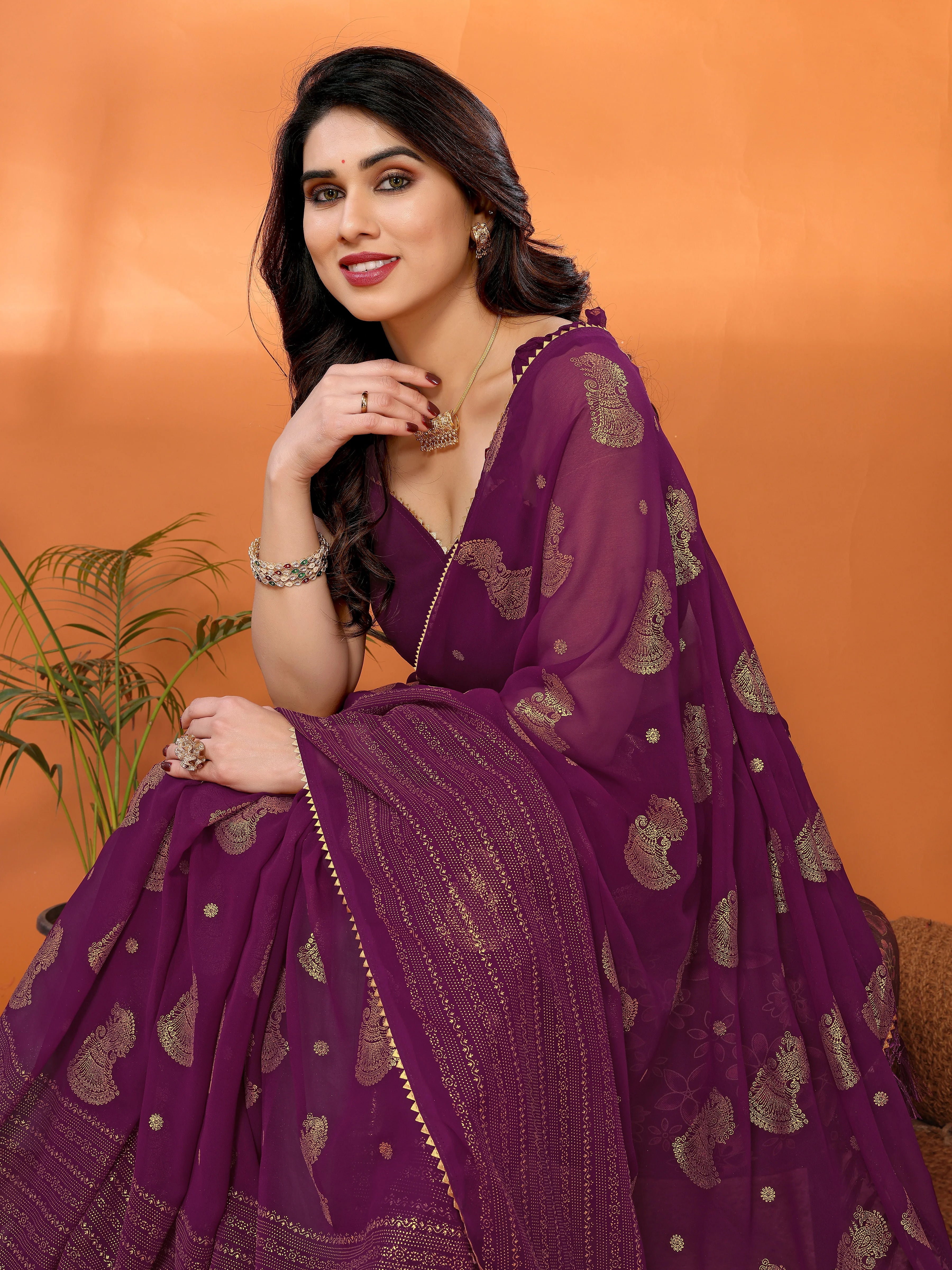 SHYAMIKA Georgette Foil Embellished Saree with Lace Detailing & Blouse