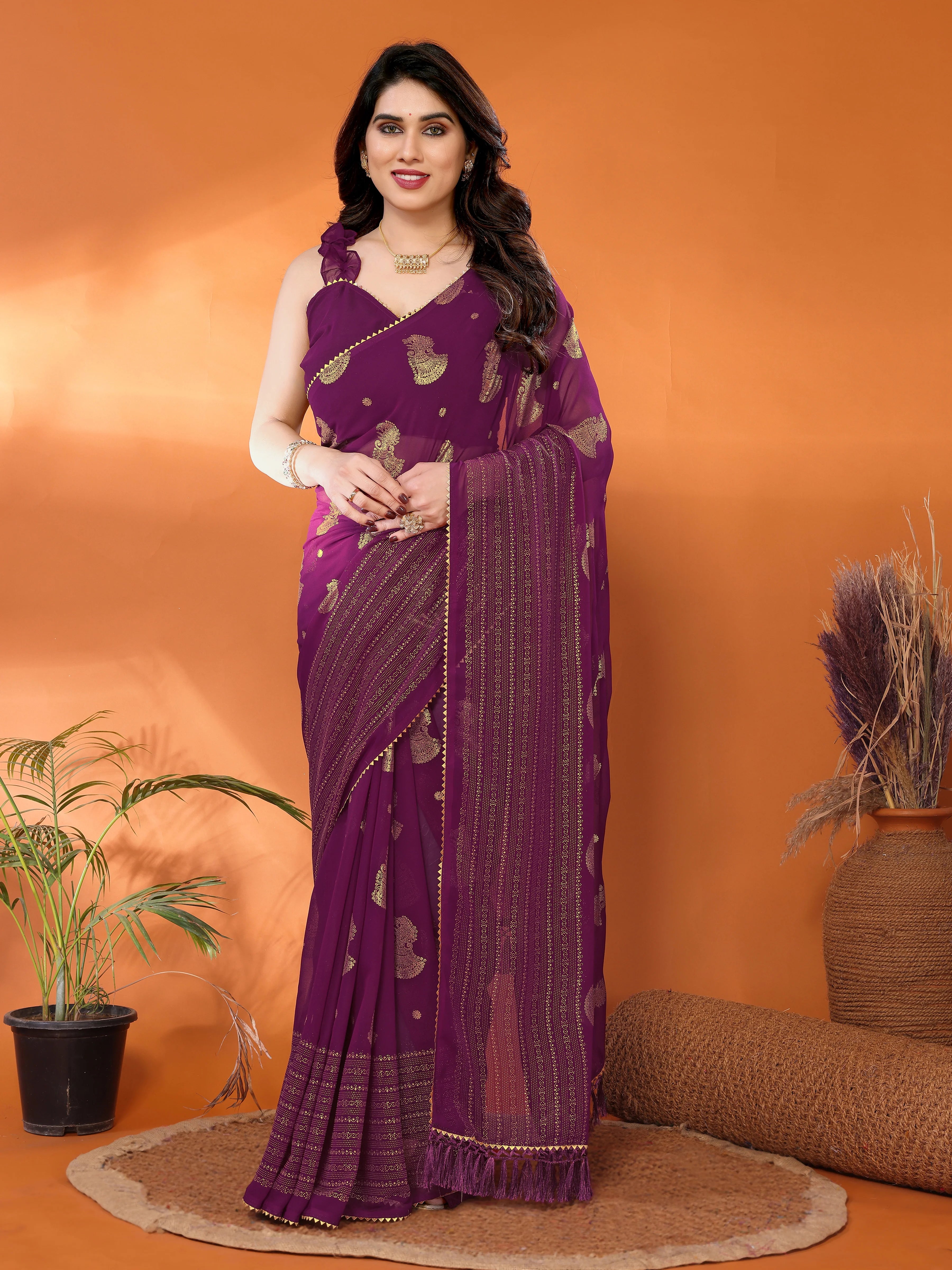 SHYAMIKA Georgette Foil Embellished Saree with Lace Detailing & Blouse