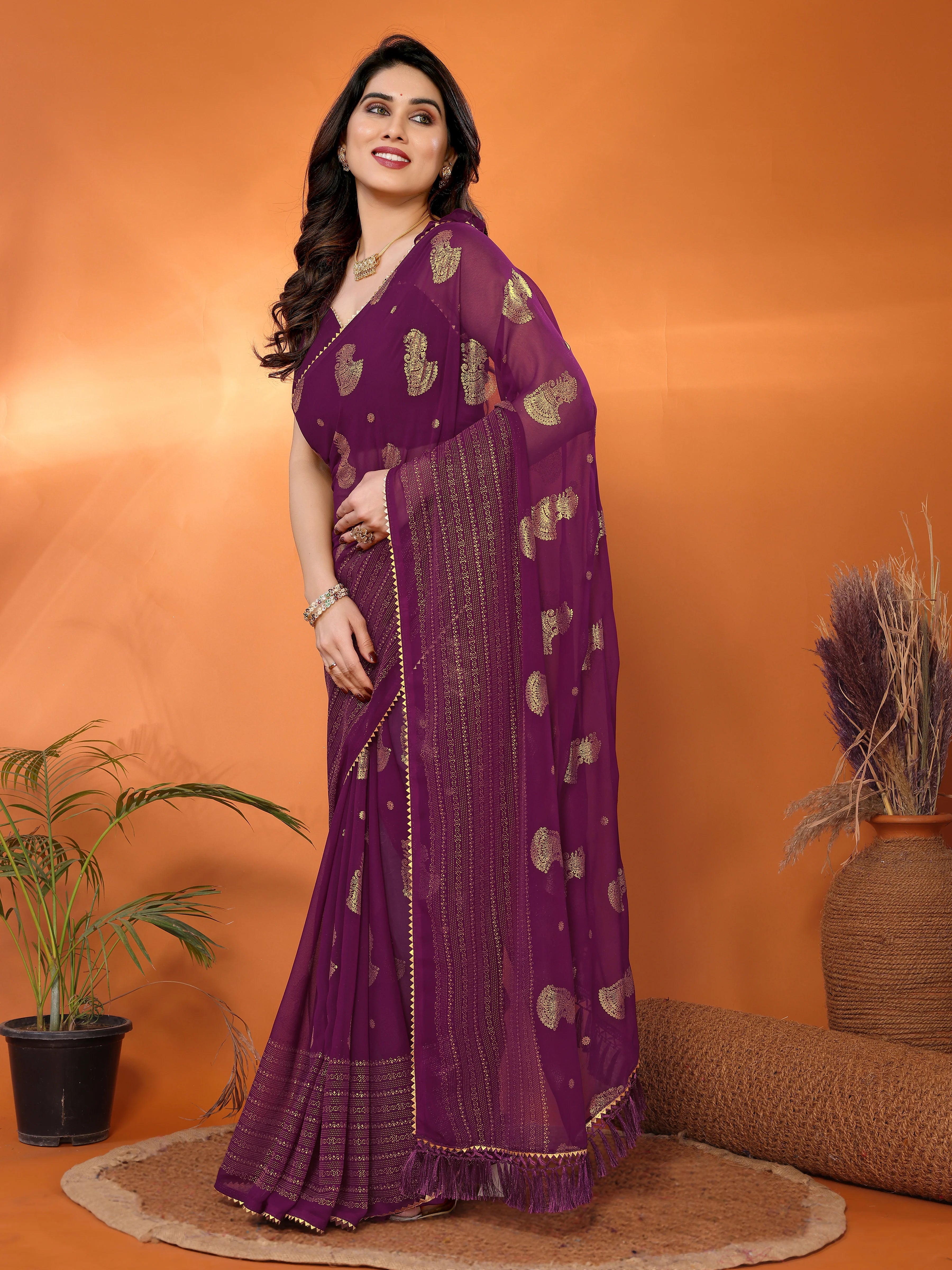 SHYAMIKA Georgette Foil Embellished Saree with Lace Detailing & Blouse