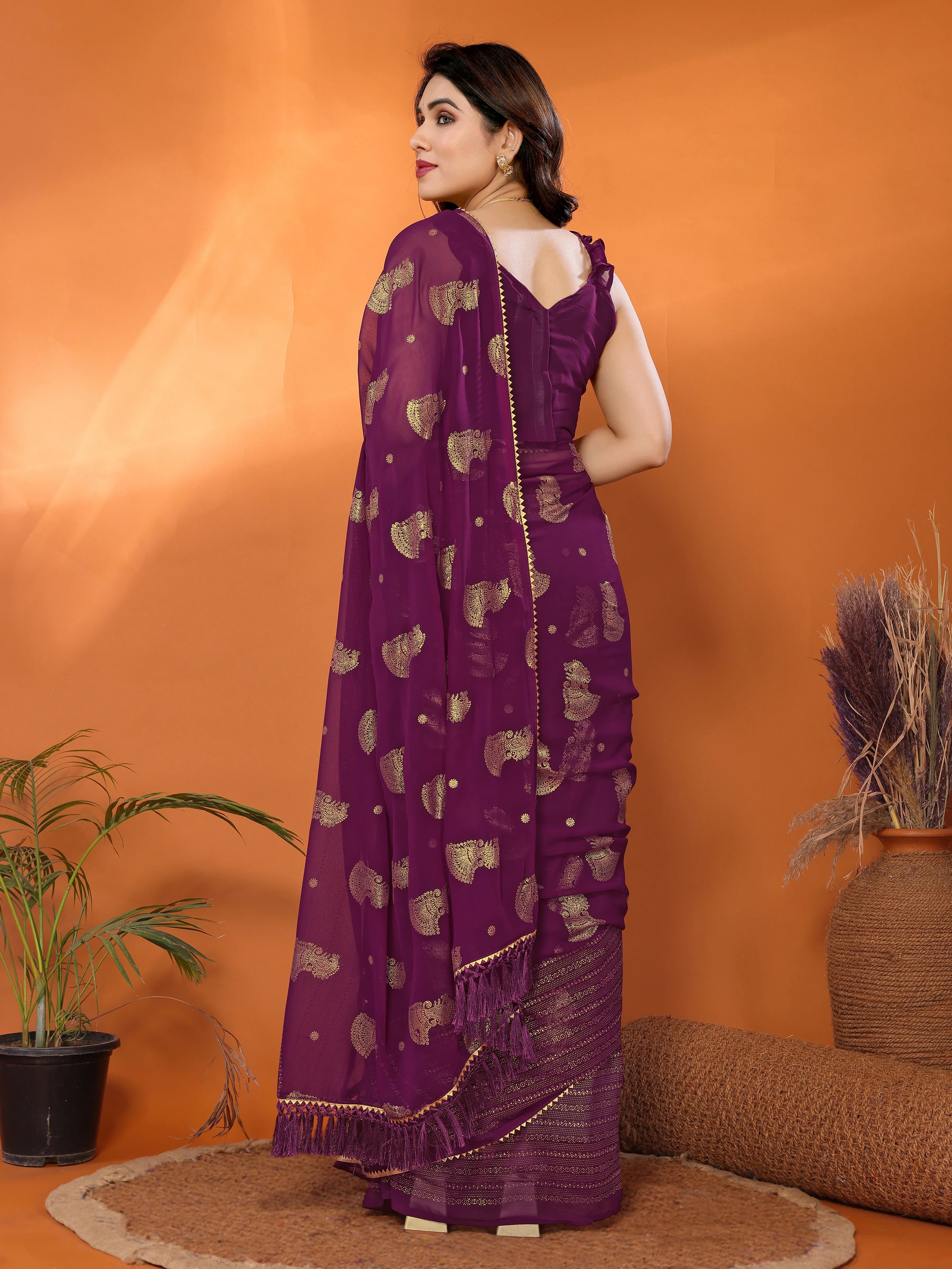 SHYAMIKA Georgette Foil Embellished Saree with Lace Detailing & Blouse
