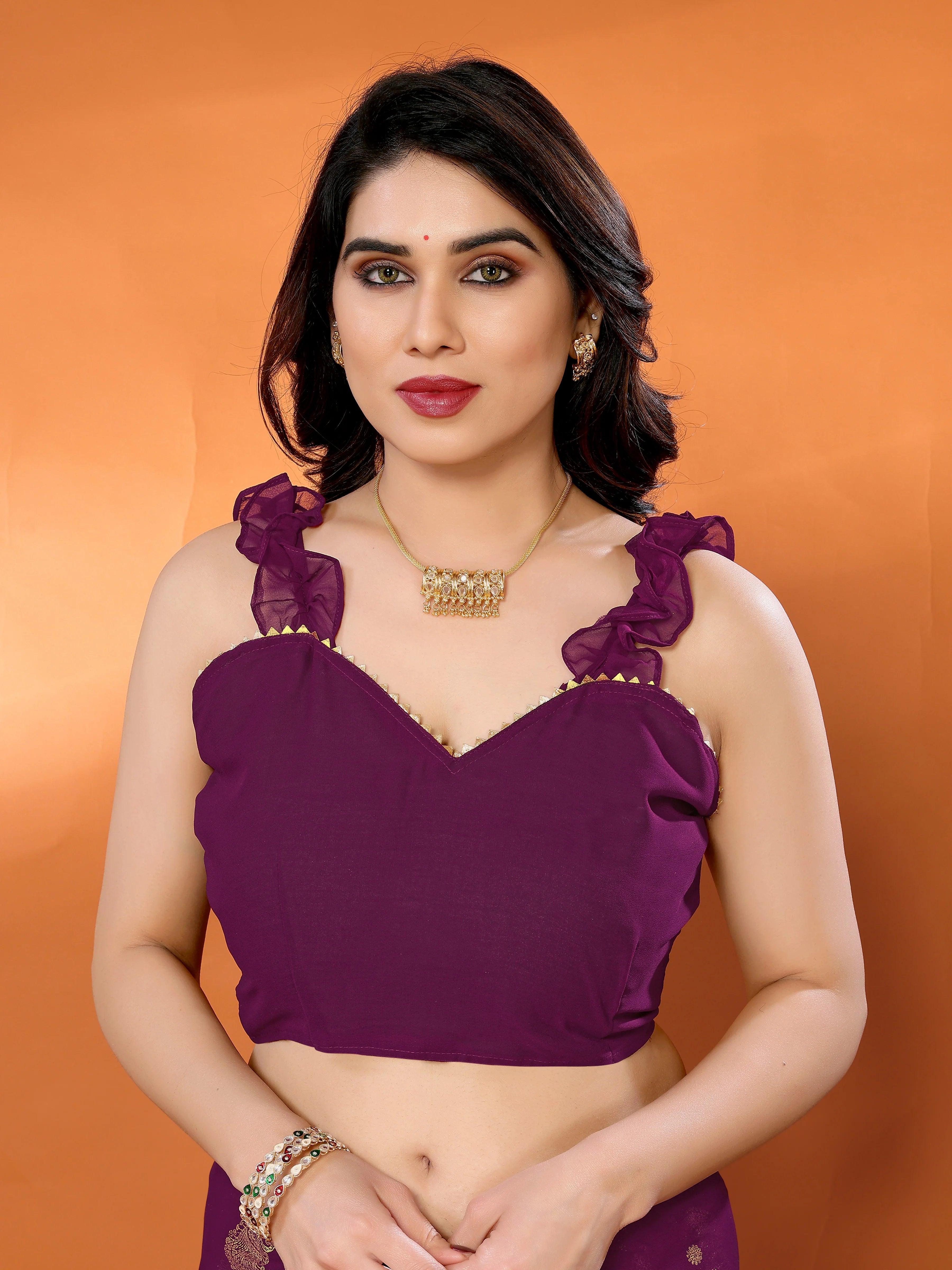 SHYAMIKA Georgette Foil Embellished Saree with Lace Detailing & Blouse