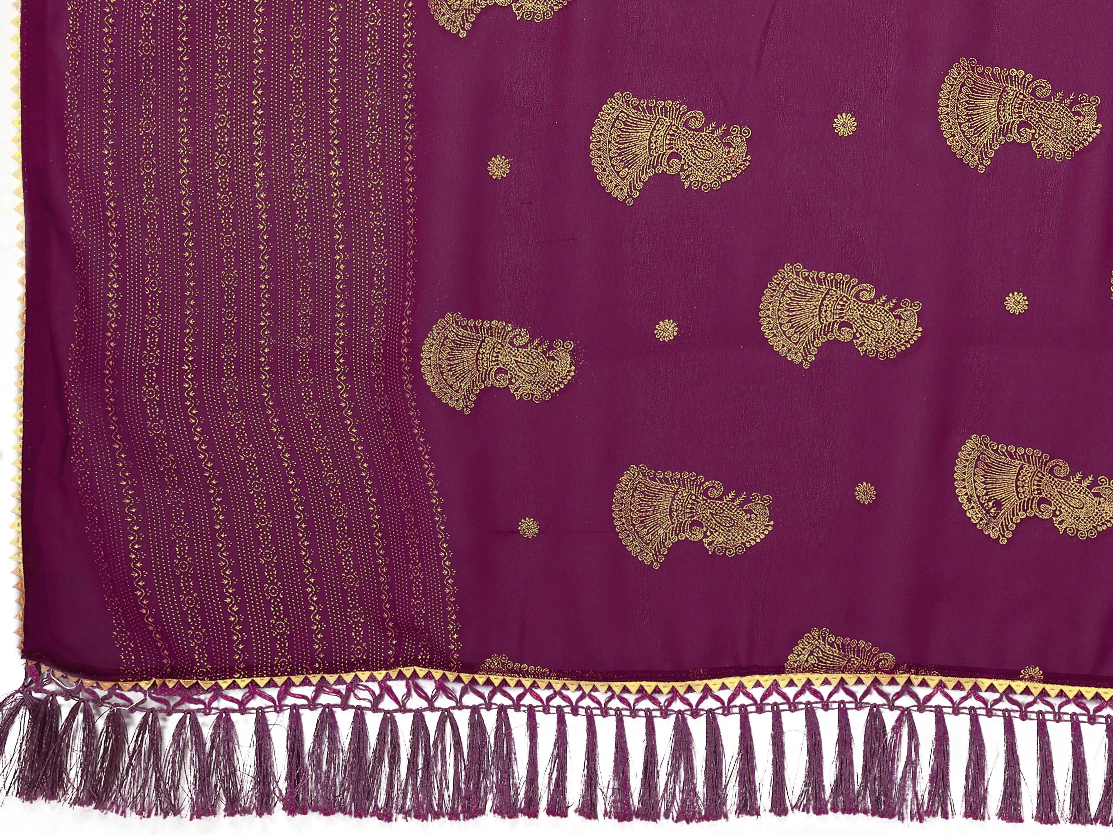 SHYAMIKA Georgette Foil Embellished Saree with Lace Detailing & Blouse