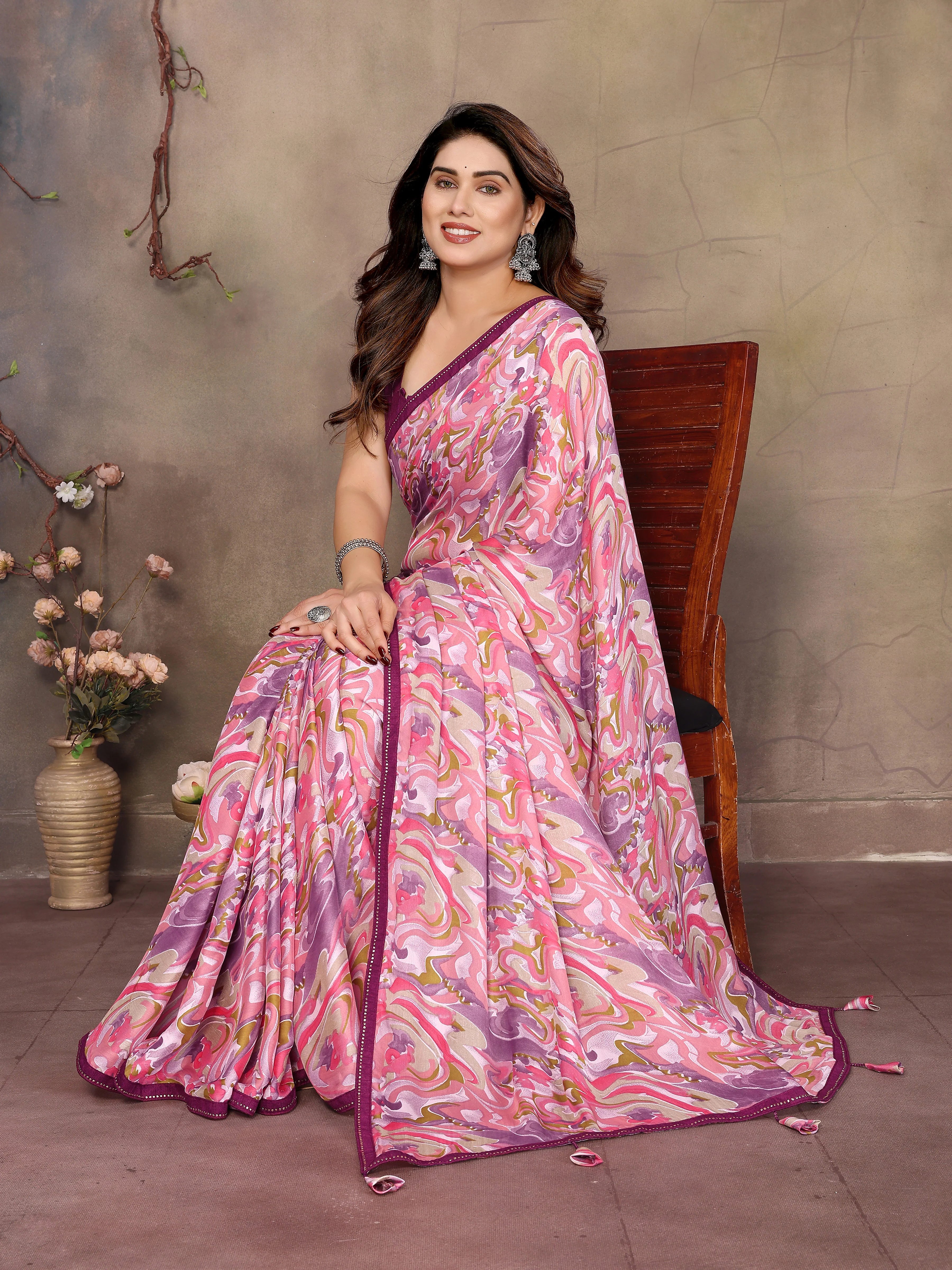 SHYAMIKA Satin Patti Printed Saree with Contrast Embroidery Blouse