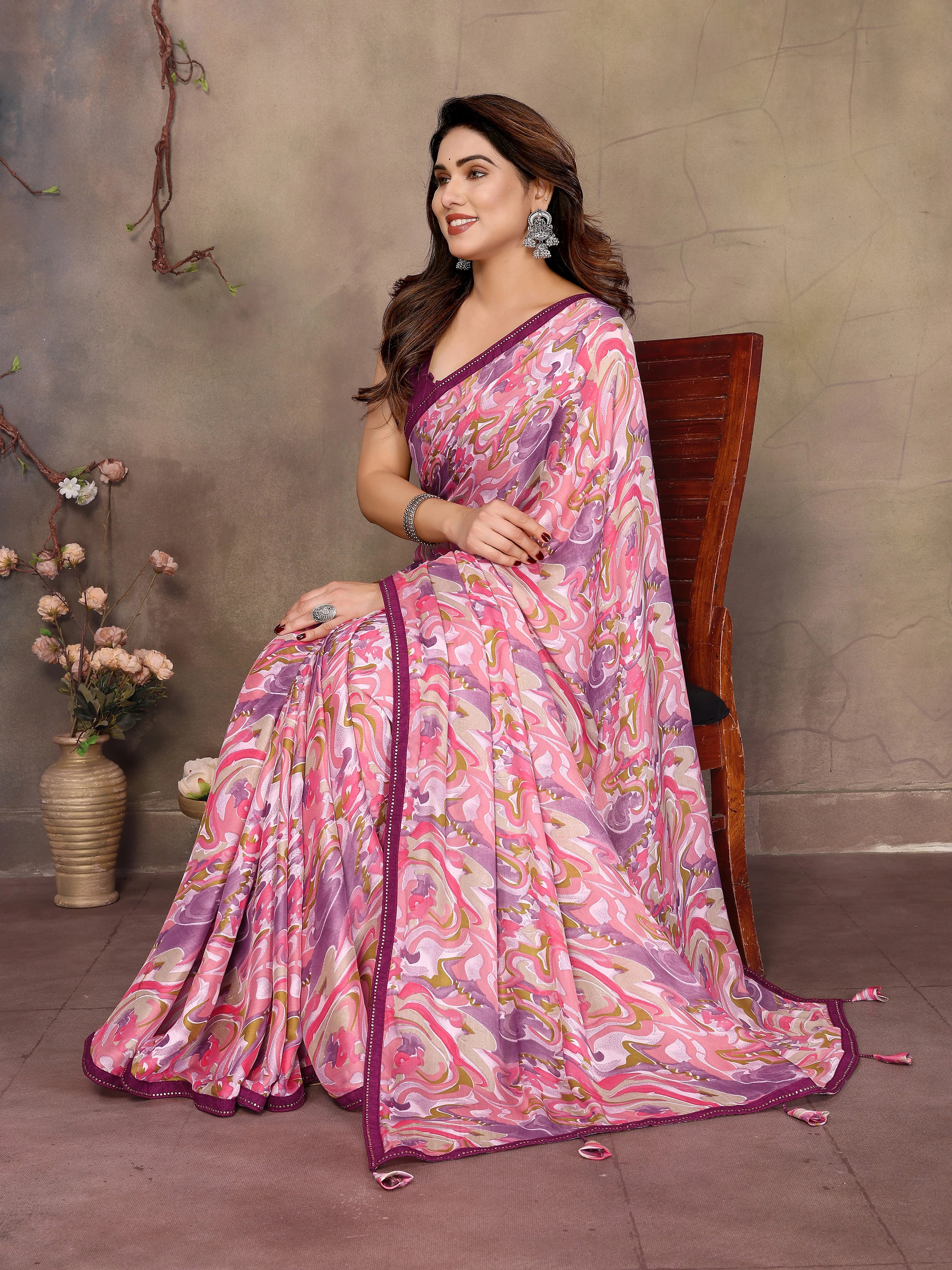 SHYAMIKA Satin Patti Printed Saree with Contrast Embroidery Blouse