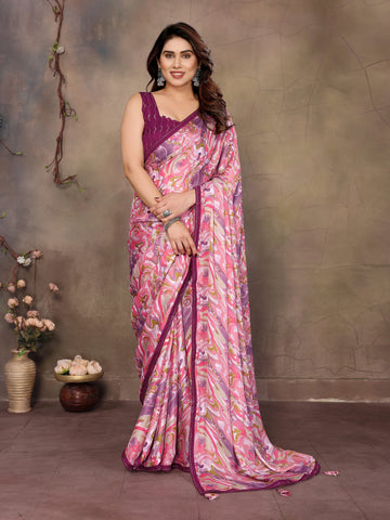 SHYAMIKA Satin Patti Printed Saree with Contrast Embroidery Blouse