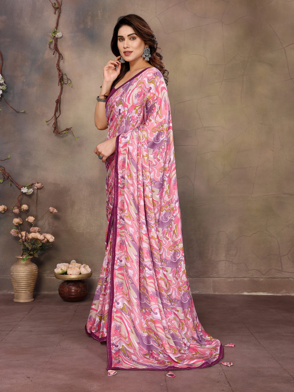 SHYAMIKA Satin Patti Printed Saree with Contrast Embroidery Blouse