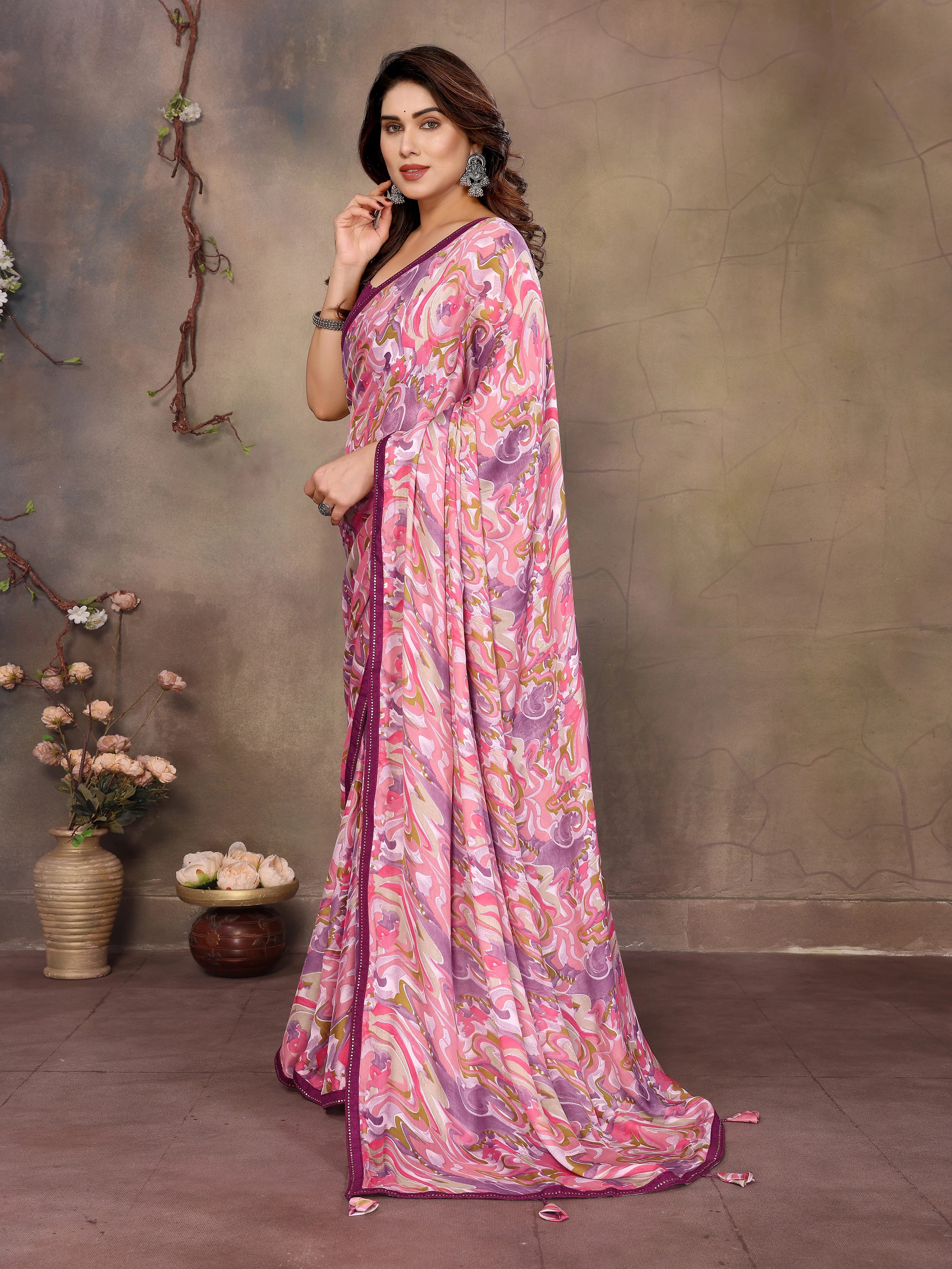 SHYAMIKA Satin Patti Printed Saree with Contrast Embroidery Blouse