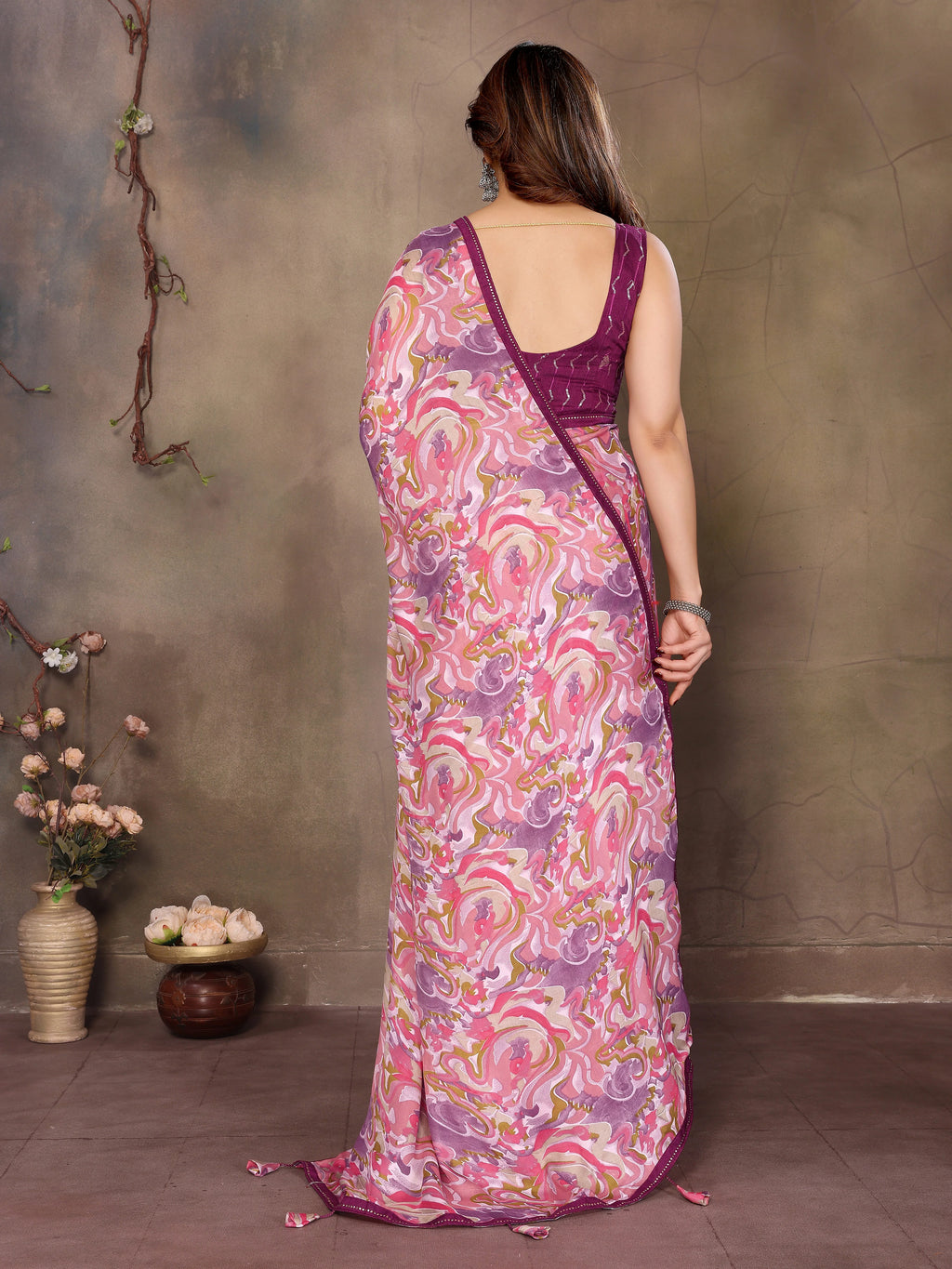 SHYAMIKA Satin Patti Printed Saree with Contrast Embroidery Blouse