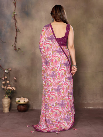 SHYAMIKA Satin Patti Printed Saree with Contrast Embroidery Blouse