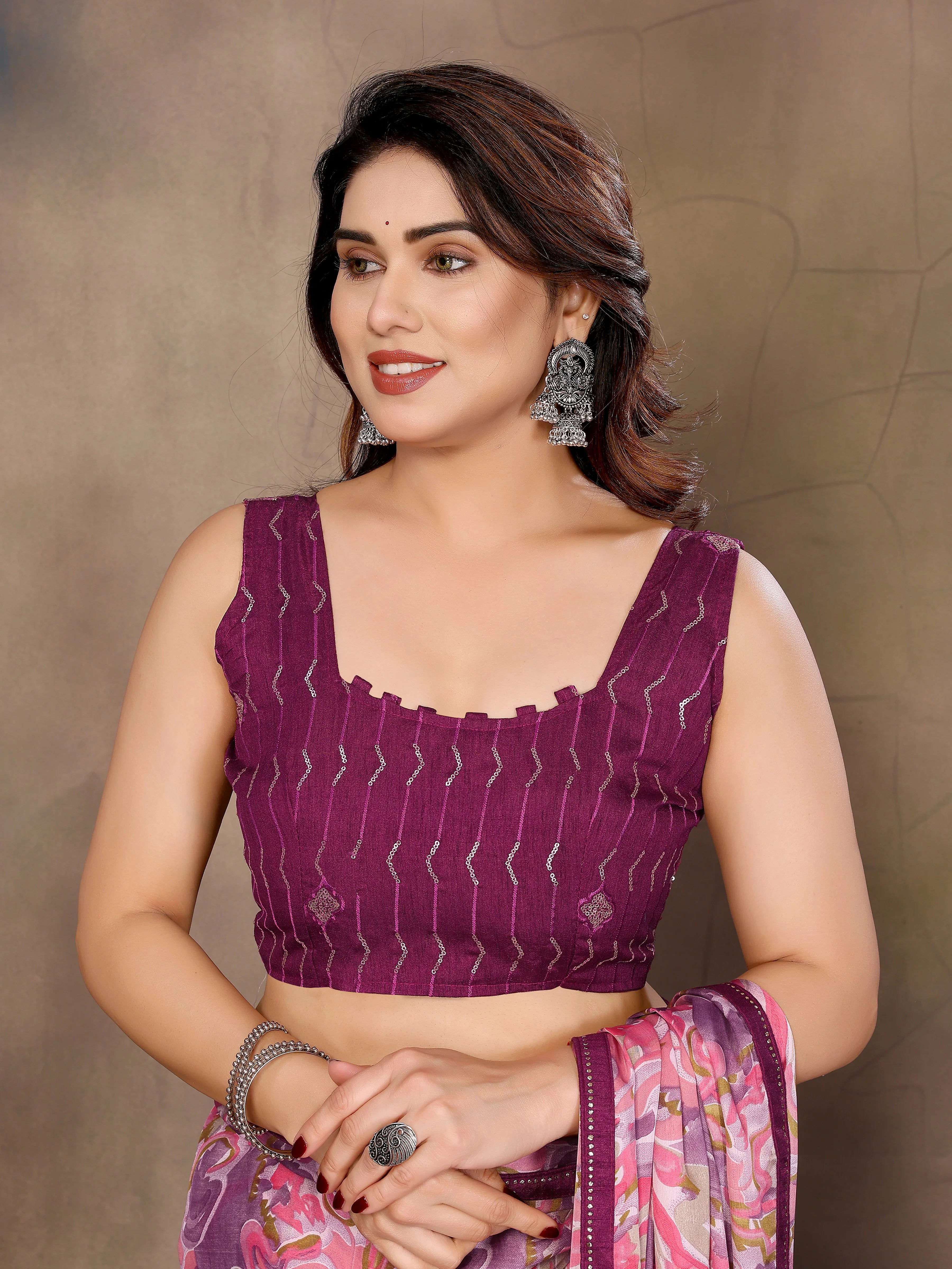 SHYAMIKA Satin Patti Printed Saree with Contrast Embroidery Blouse