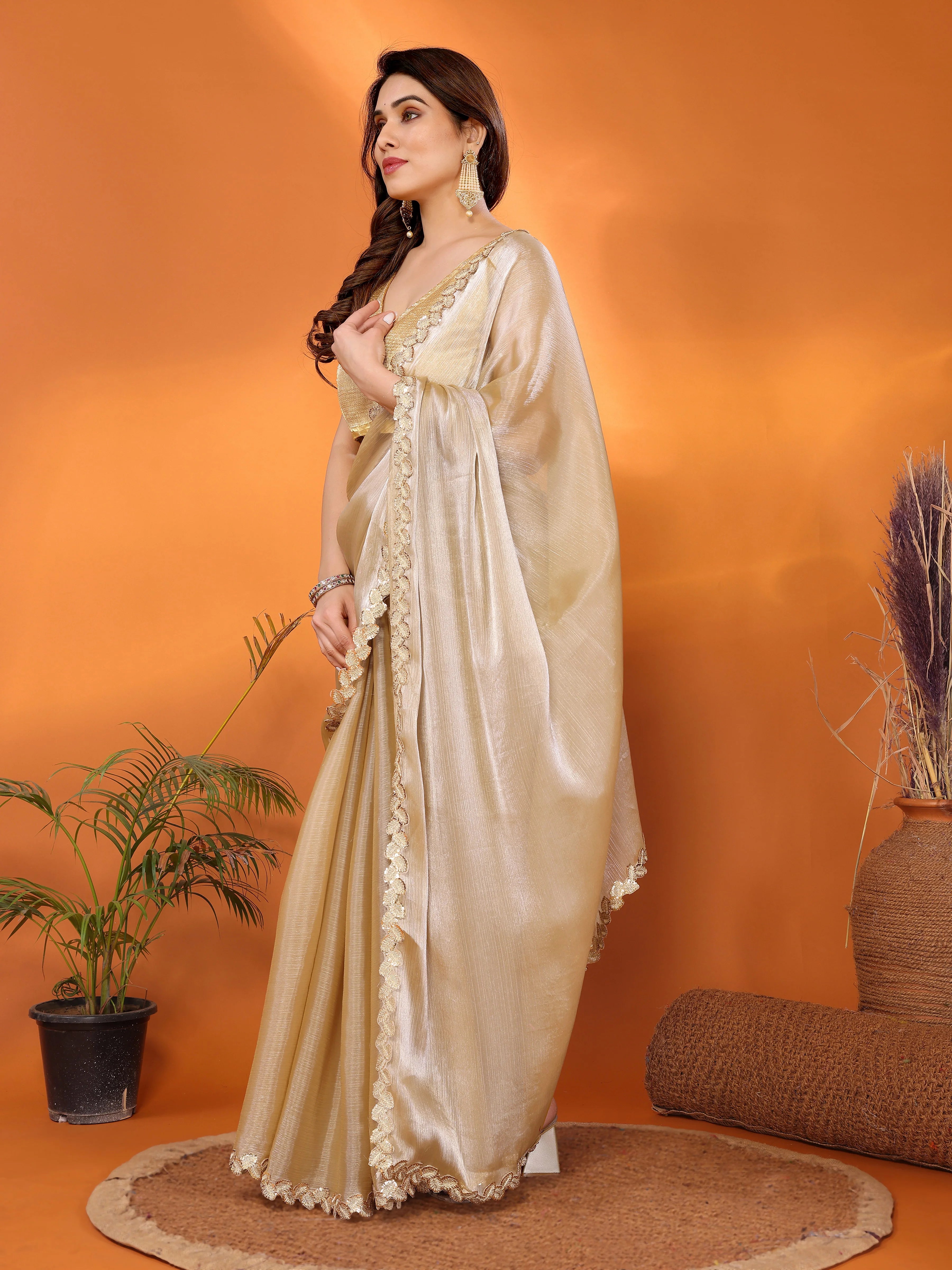 SHYAMIKA Jimmy Chu Plain Saree with Cutwork Lace & Sequin Blouse
