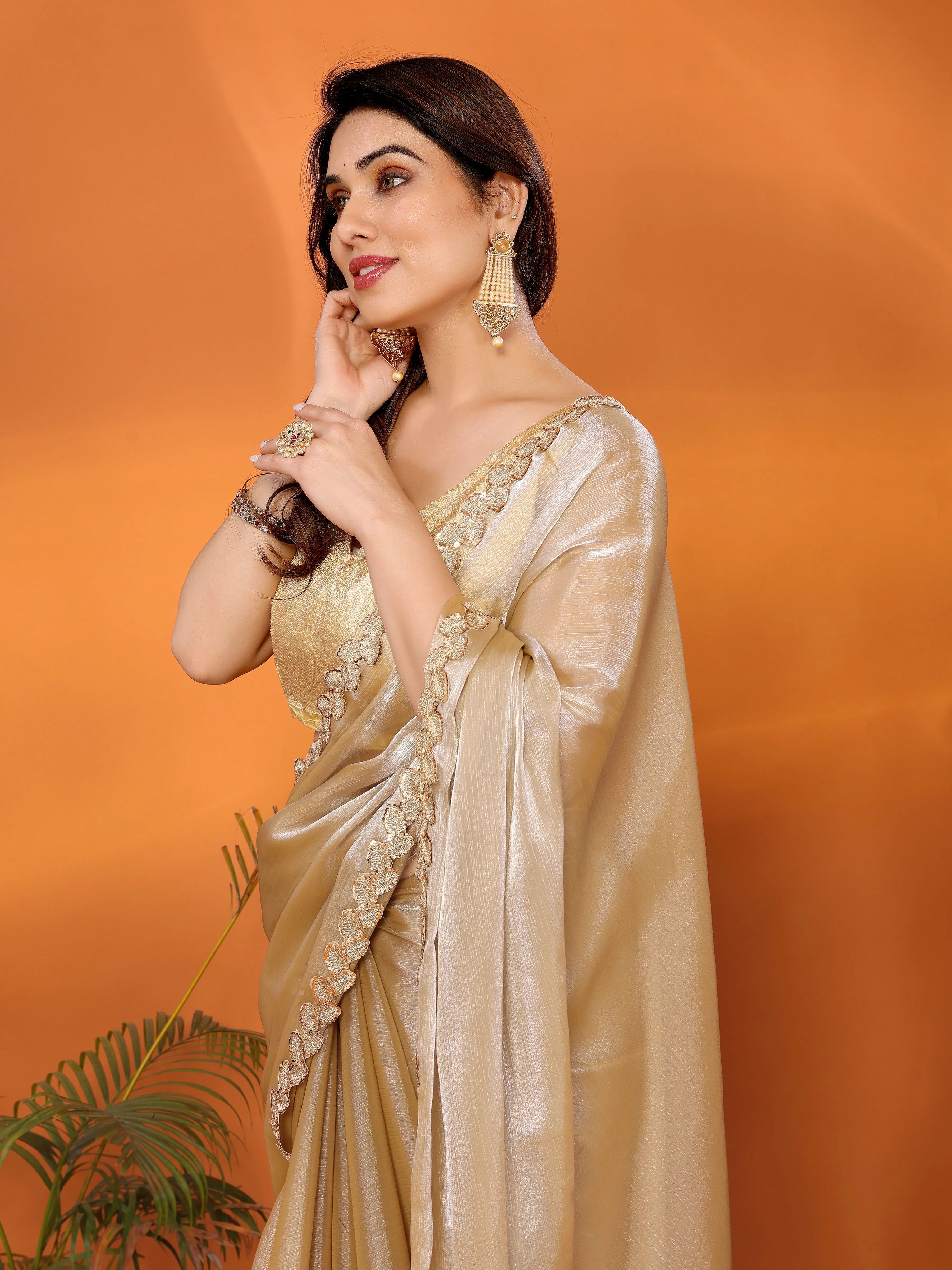 SHYAMIKA Jimmy Chu Plain Saree with Cutwork Lace & Sequin Blouse
