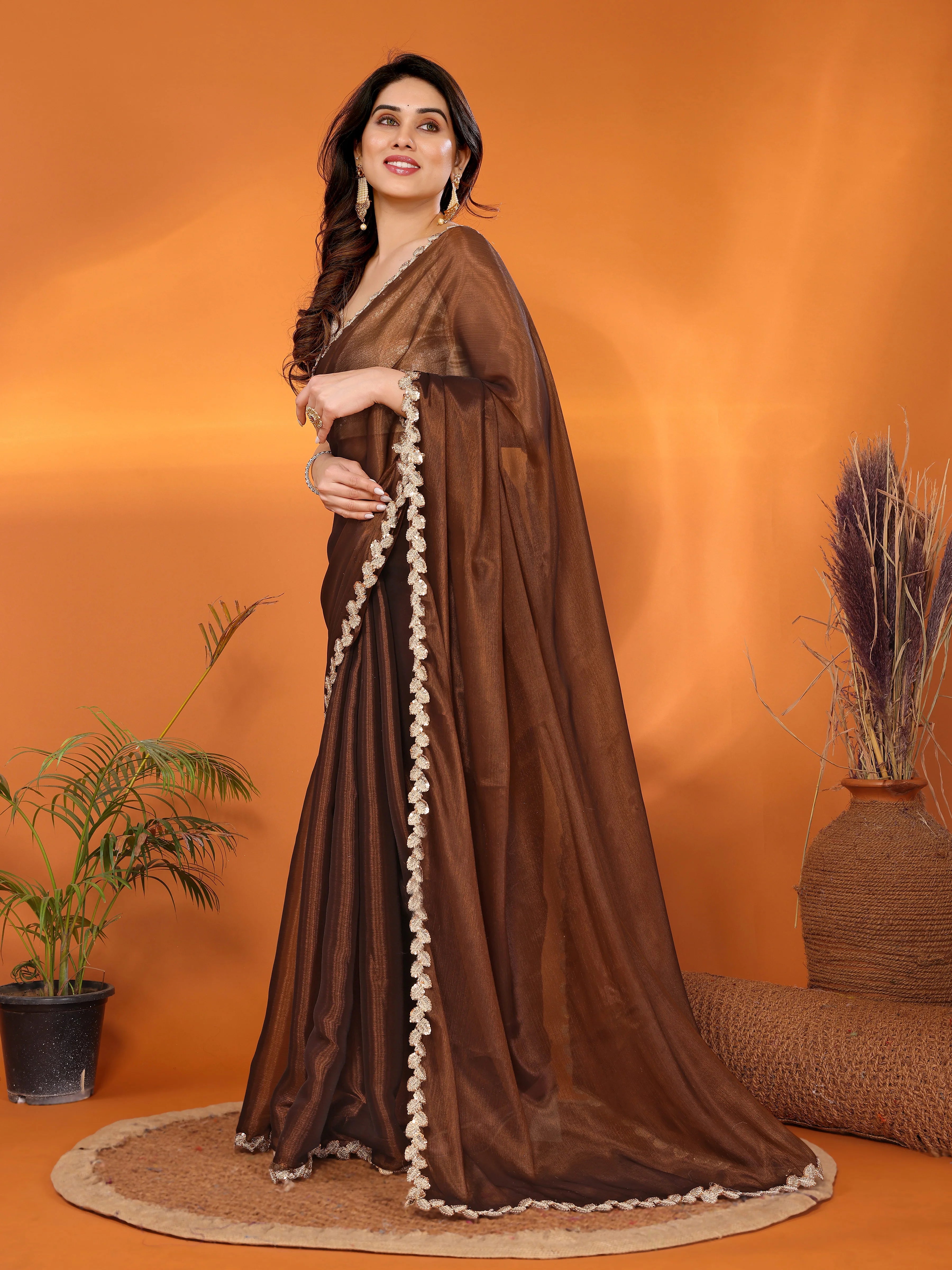 SHYAMIKA Jimmy Chu Plain Saree with Cutwork Lace & Sequin Blouse