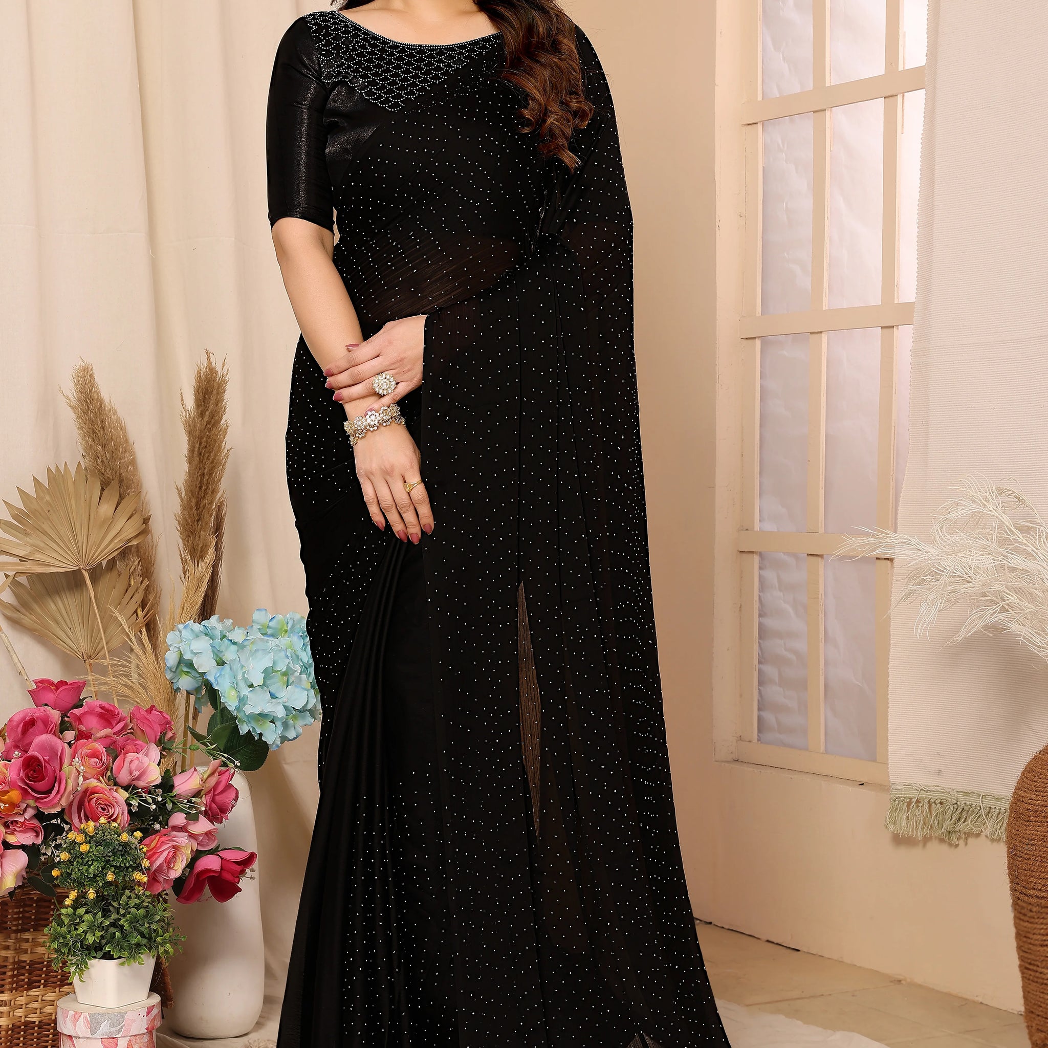 SHYAMIKA Satin Chiffon Stone Work Saree with Matching Blouse