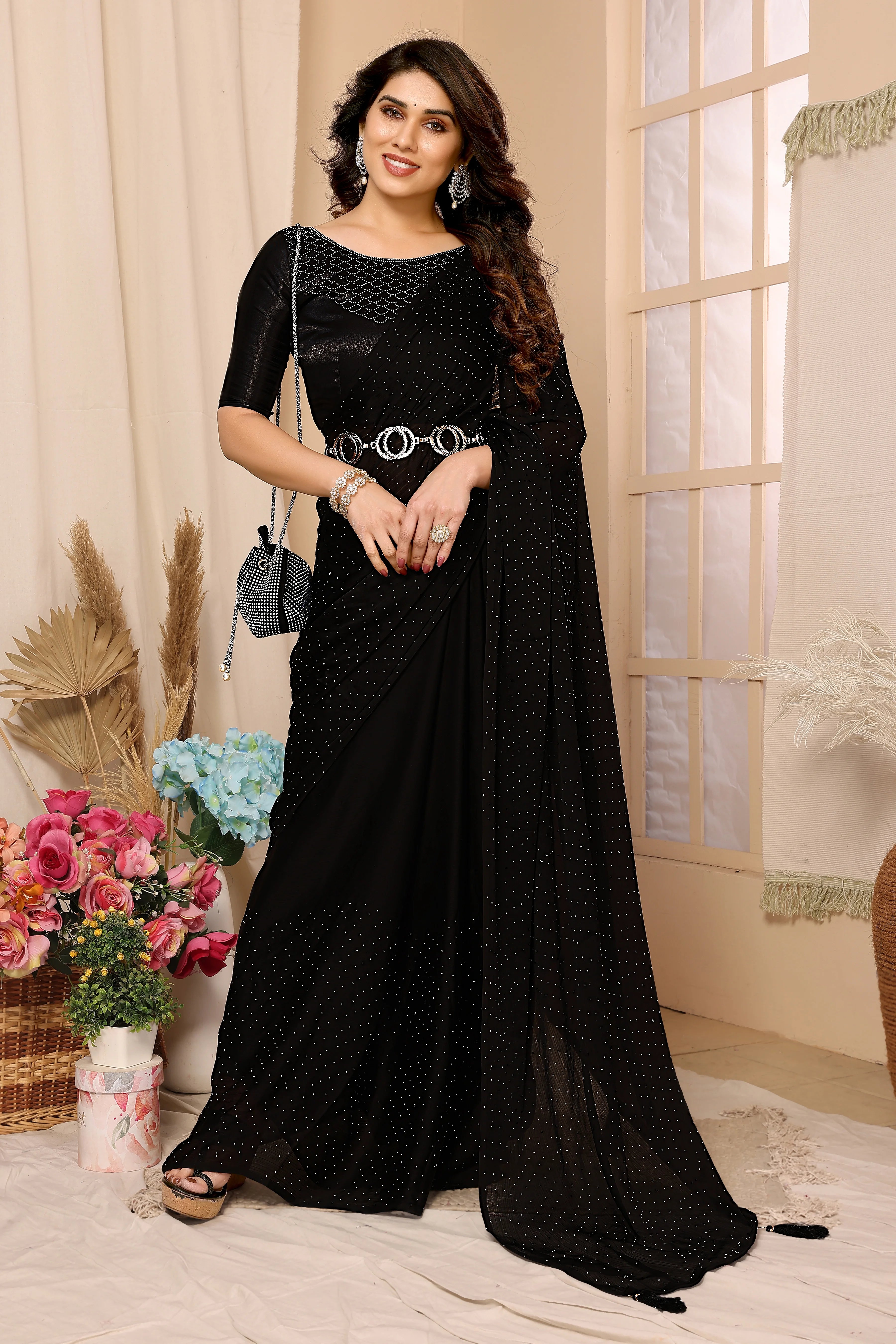 SHYAMIKA Satin Chiffon Stone Work Saree with Matching Blouse