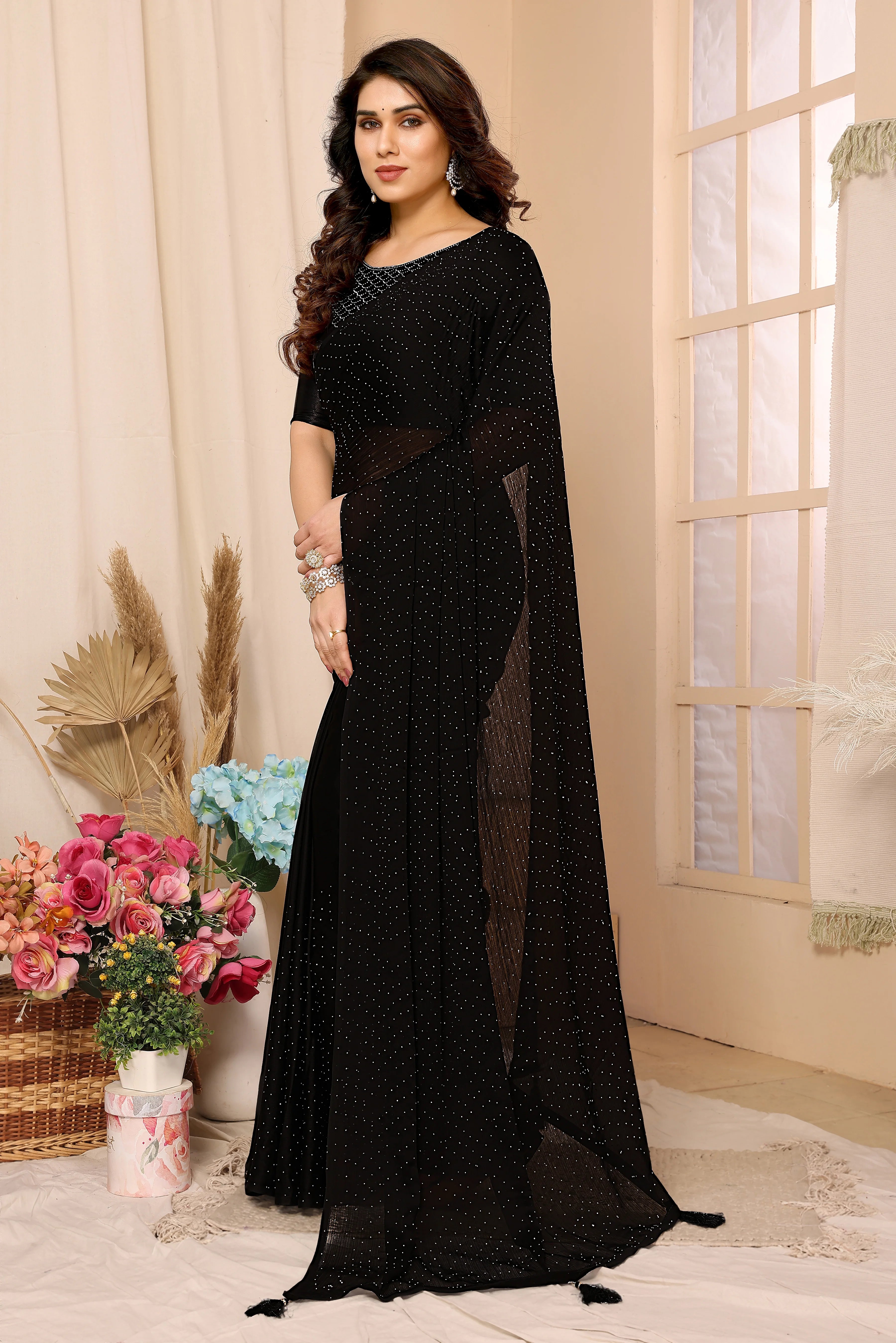 SHYAMIKA Satin Chiffon Stone Work Saree with Matching Blouse