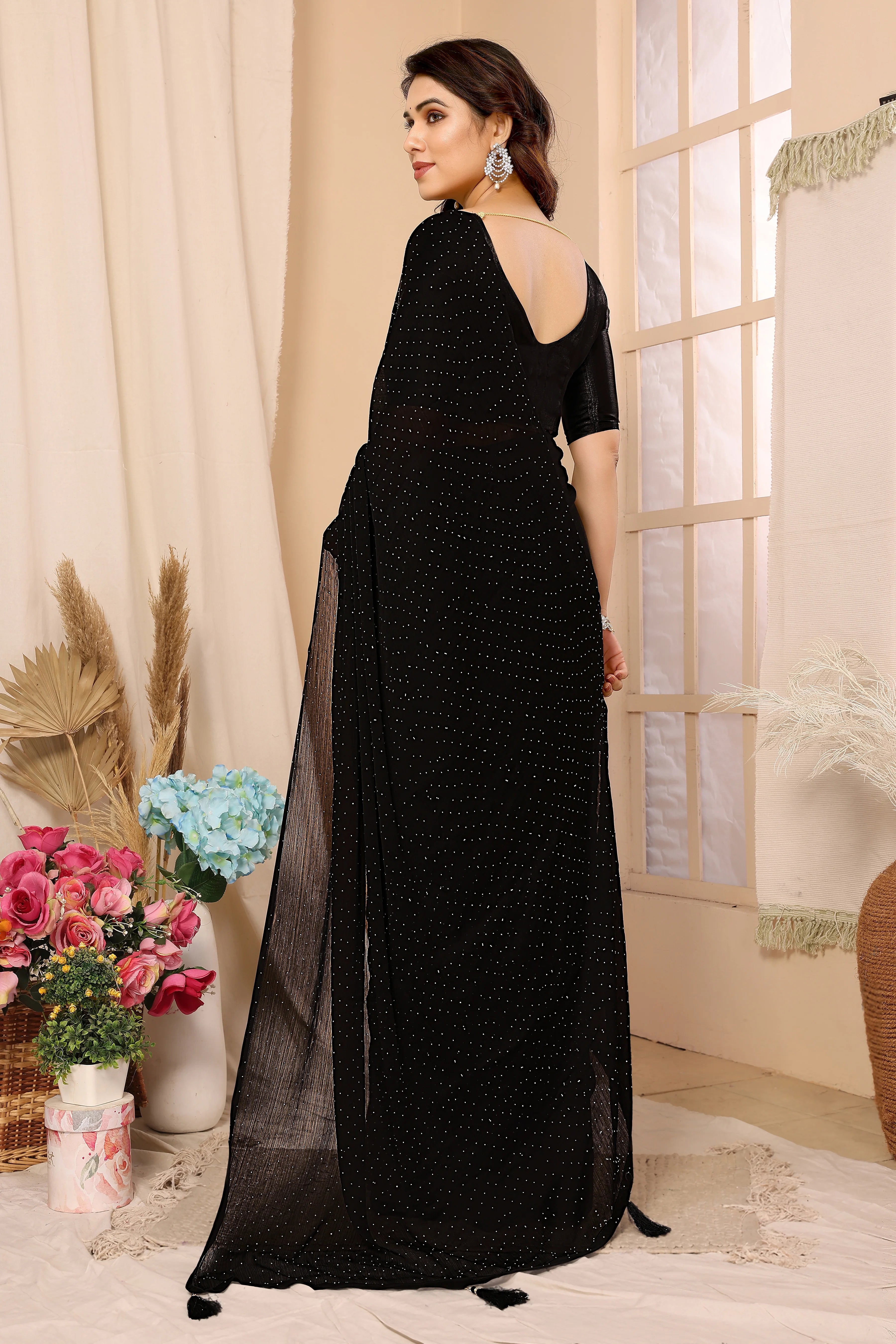 SHYAMIKA Satin Chiffon Stone Work Saree with Matching Blouse