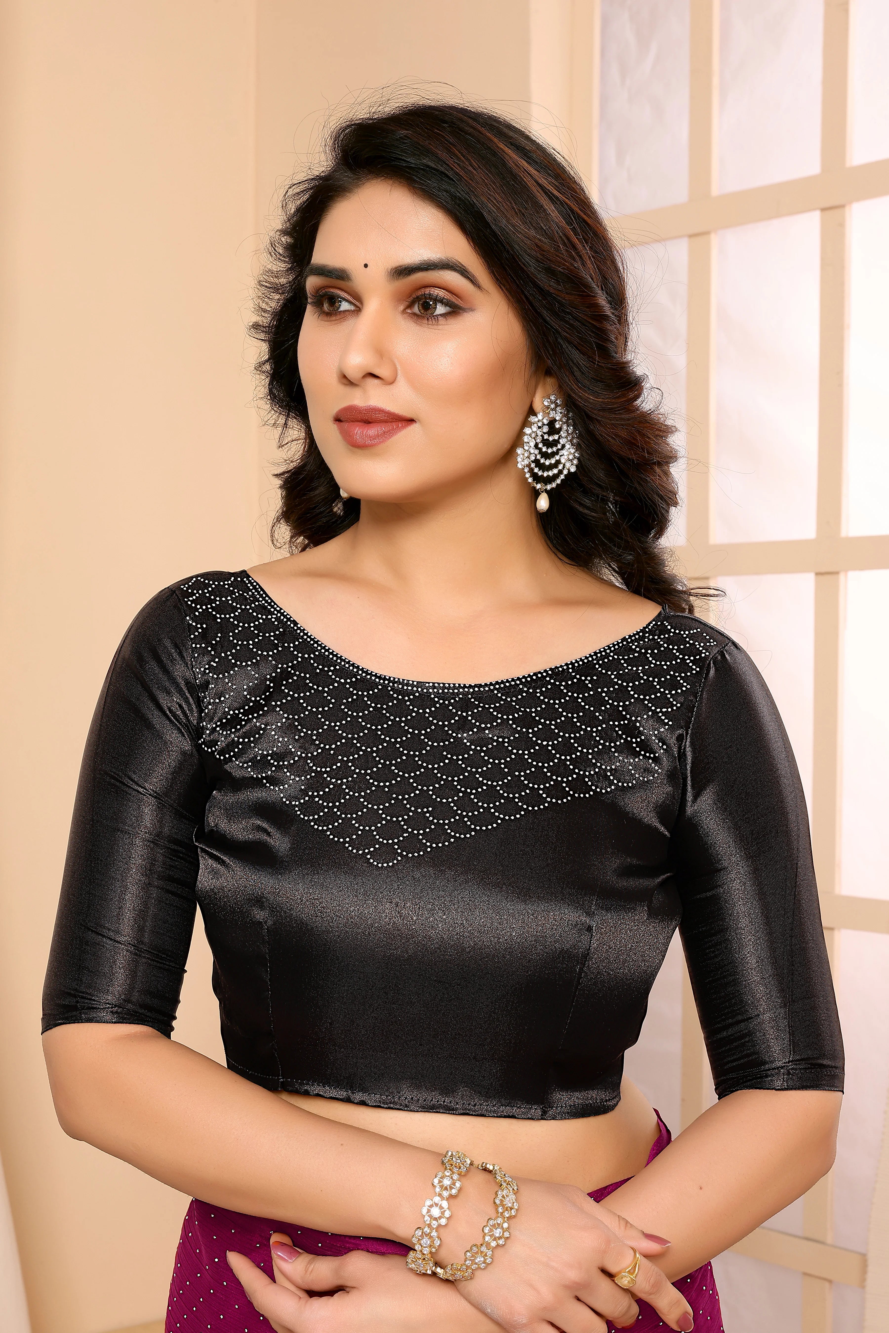 SHYAMIKA Satin Chiffon Stone Work Saree with Matching Blouse