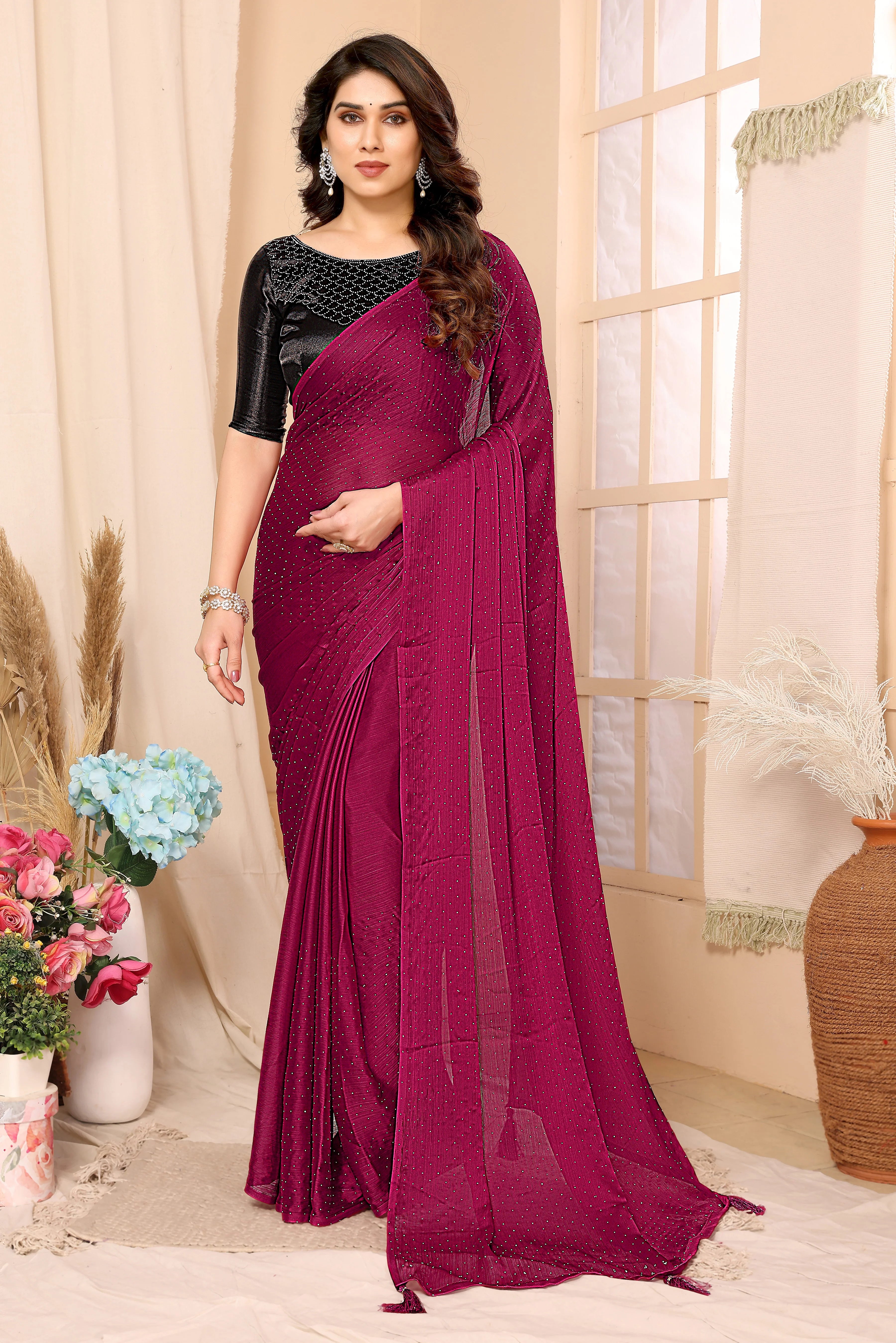 SHYAMIKA Satin Chiffon Stone Work Saree with Matching Blouse