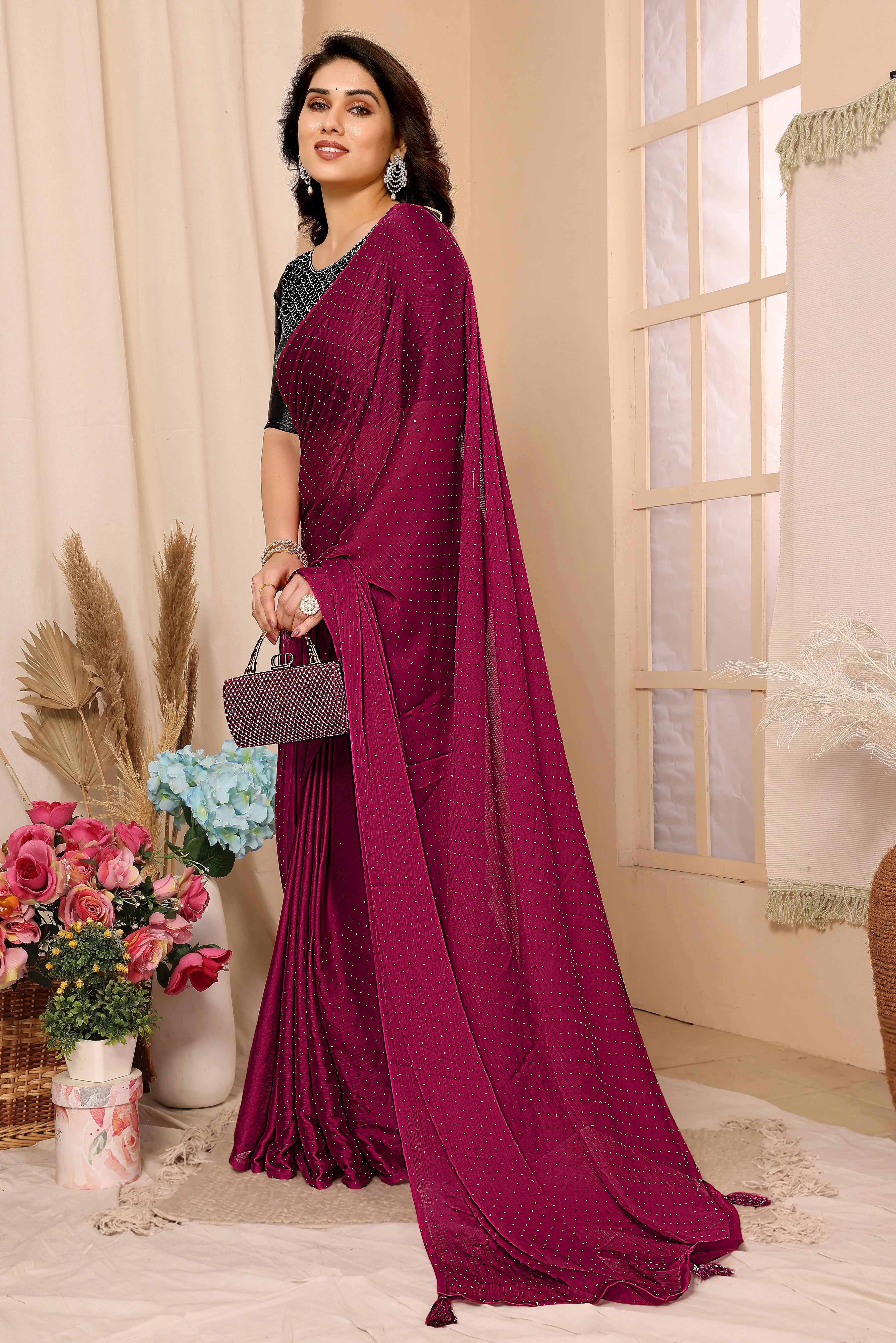 SHYAMIKA Satin Chiffon Stone Work Saree with Matching Blouse