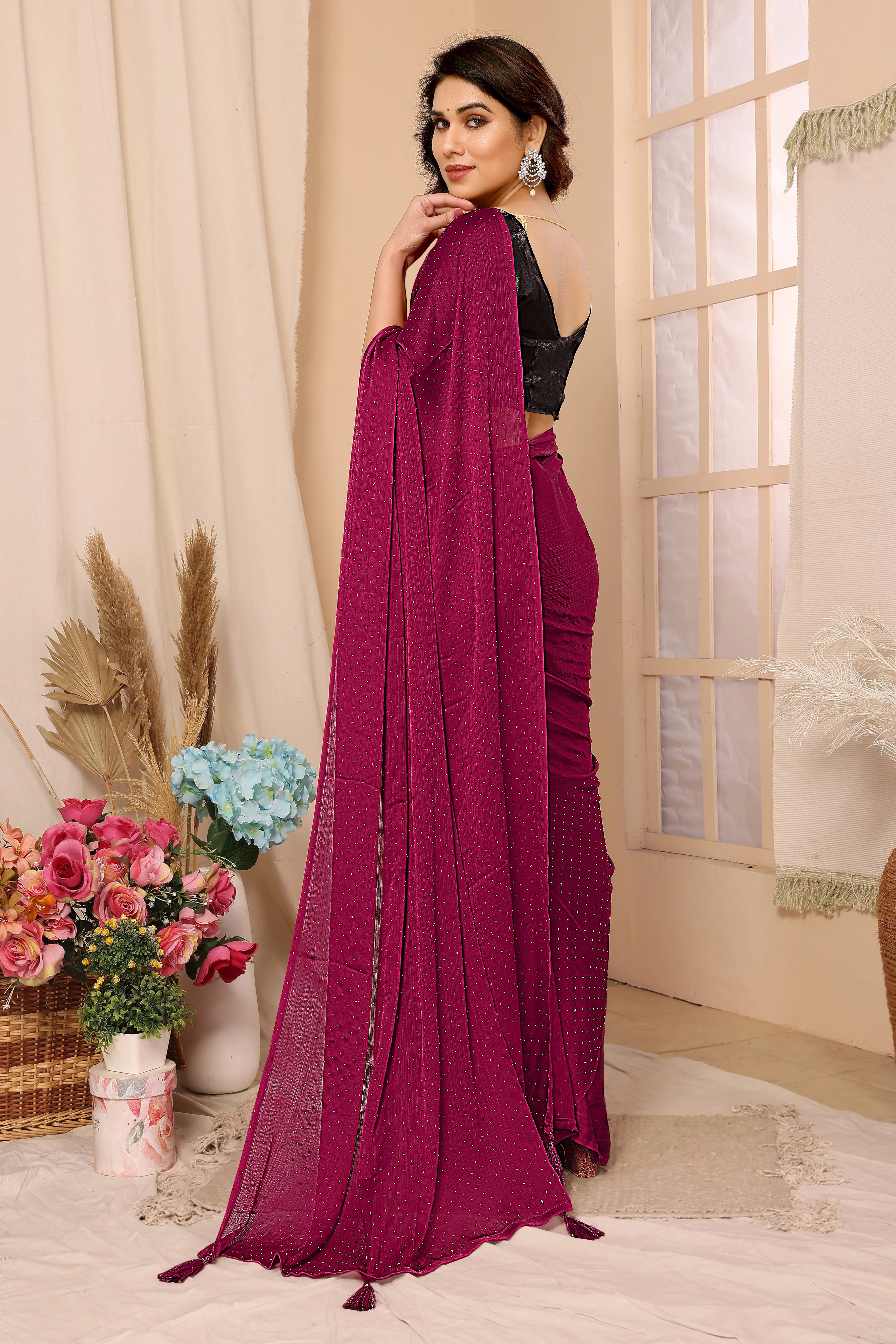 SHYAMIKA Satin Chiffon Stone Work Saree with Matching Blouse