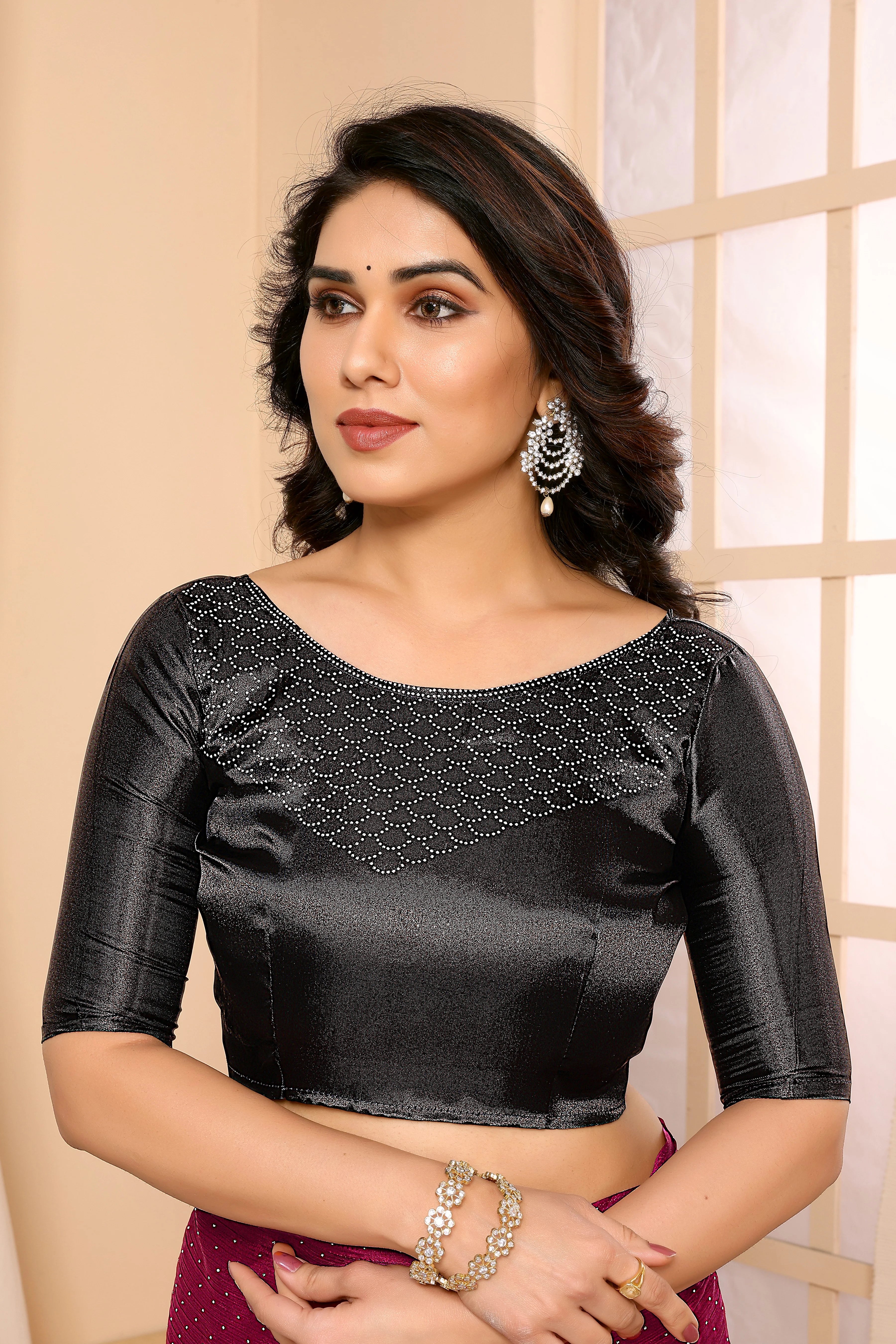 SHYAMIKA Satin Chiffon Stone Work Saree with Matching Blouse