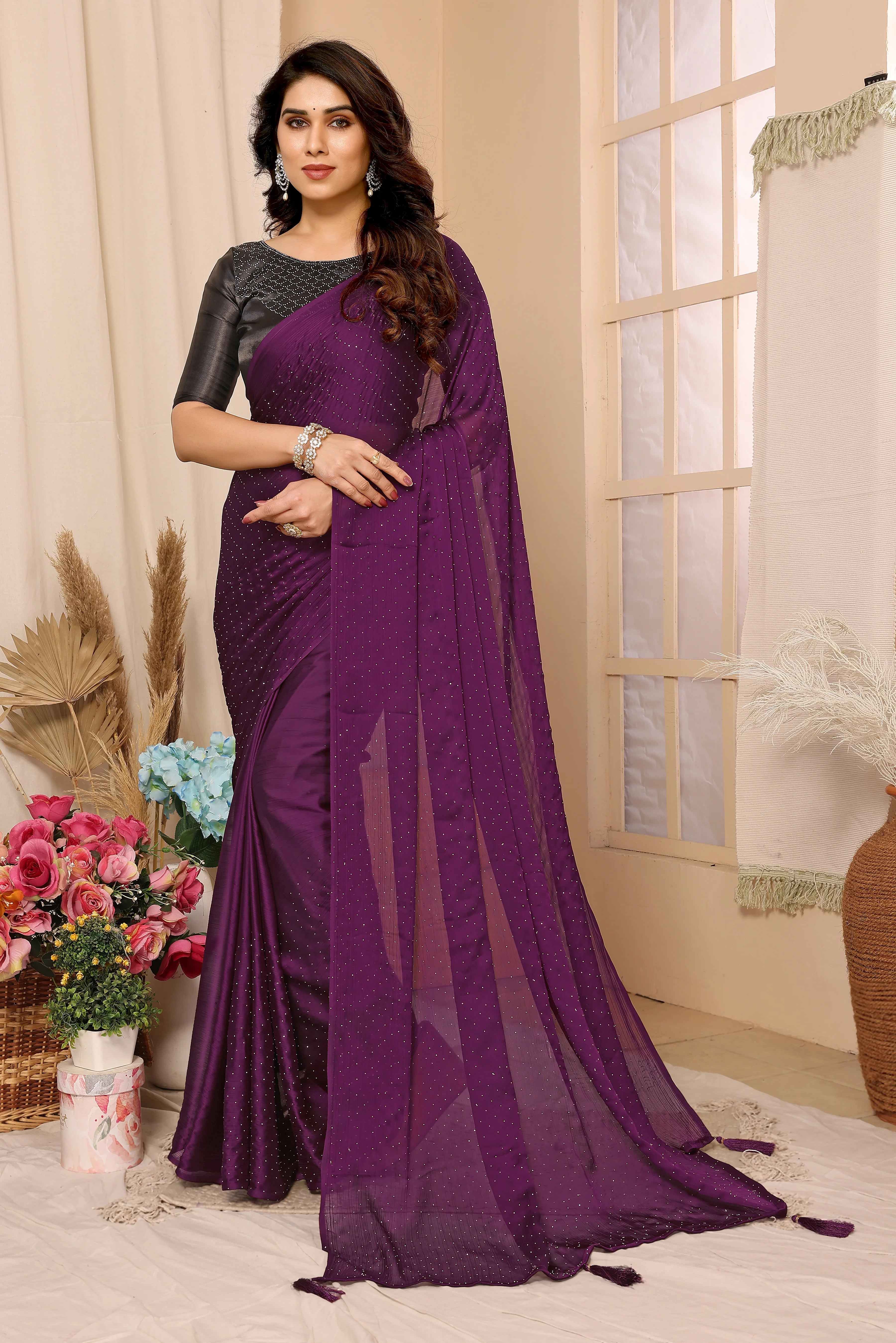 SHYAMIKA Satin Chiffon Stone Work Saree with Matching Blouse