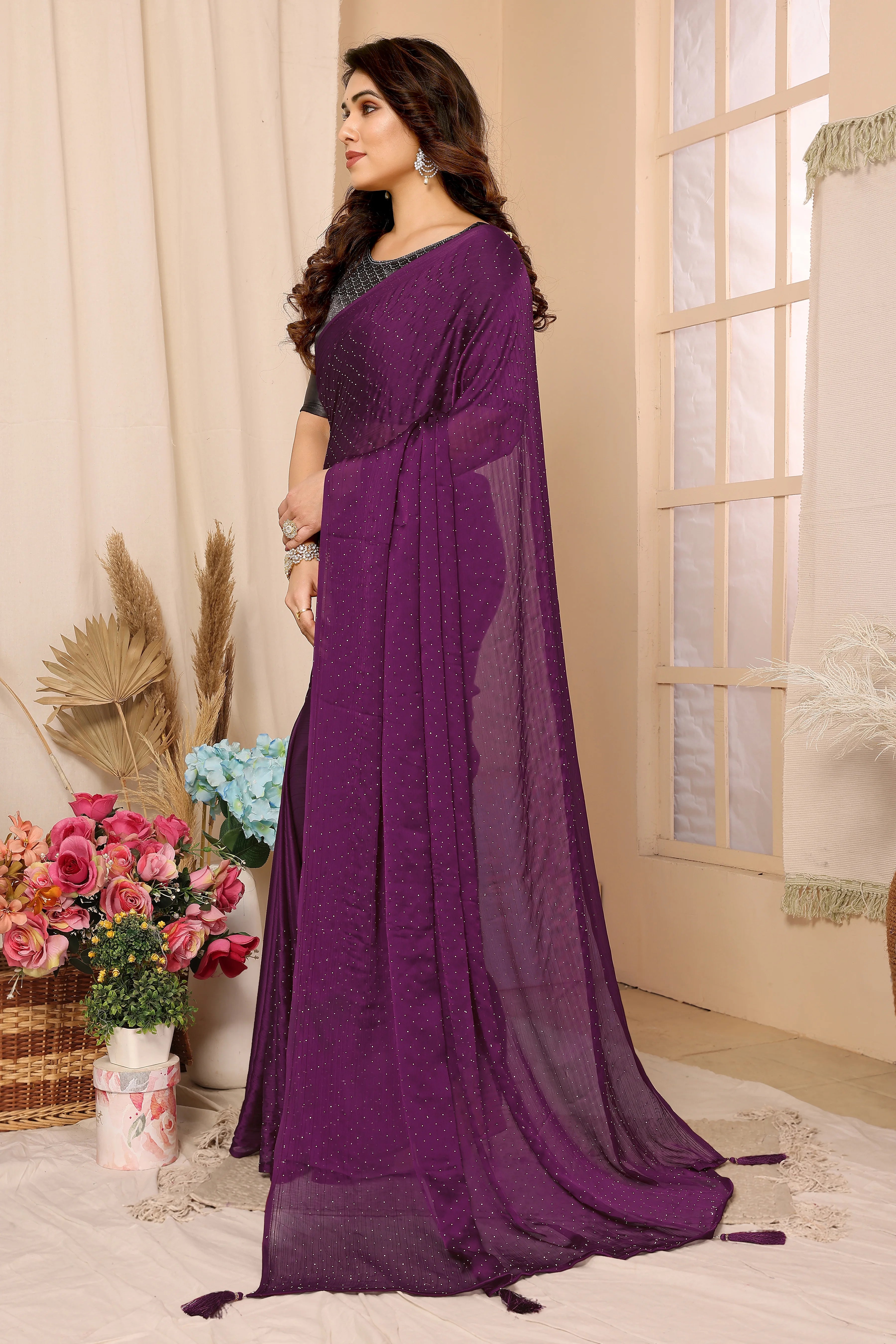 SHYAMIKA Satin Chiffon Stone Work Saree with Matching Blouse