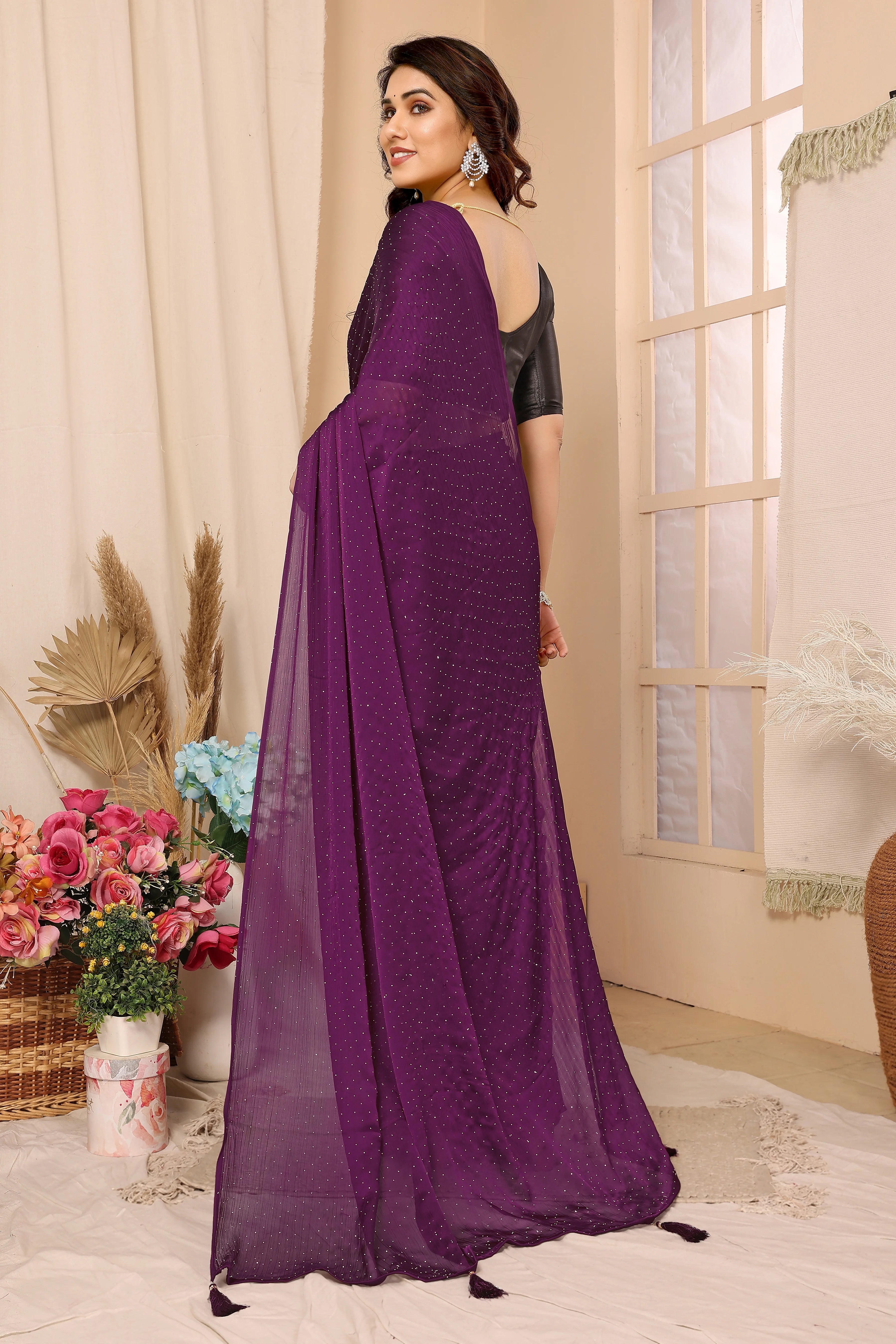 SHYAMIKA Satin Chiffon Stone Work Saree with Matching Blouse