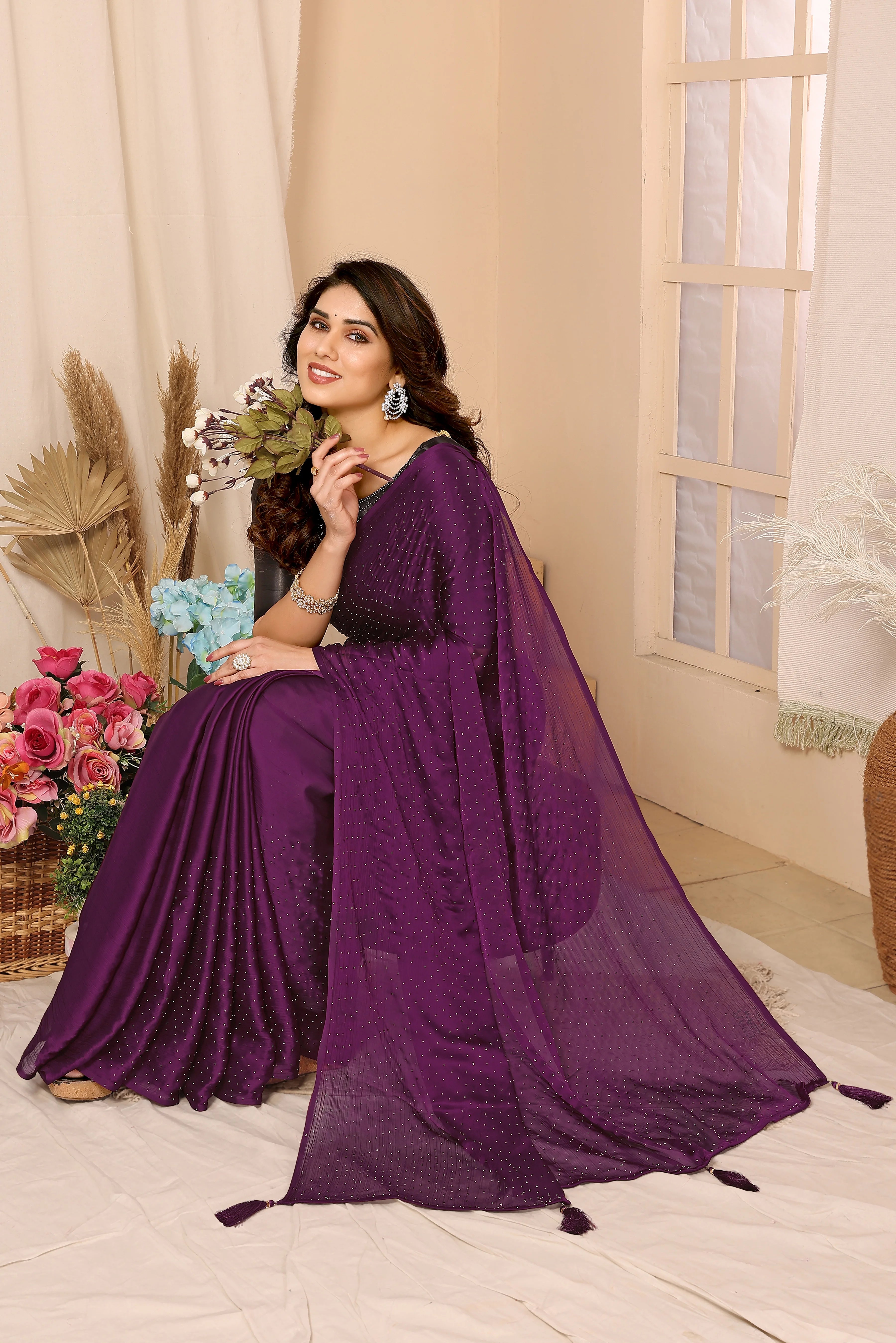 SHYAMIKA Satin Chiffon Stone Work Saree with Matching Blouse